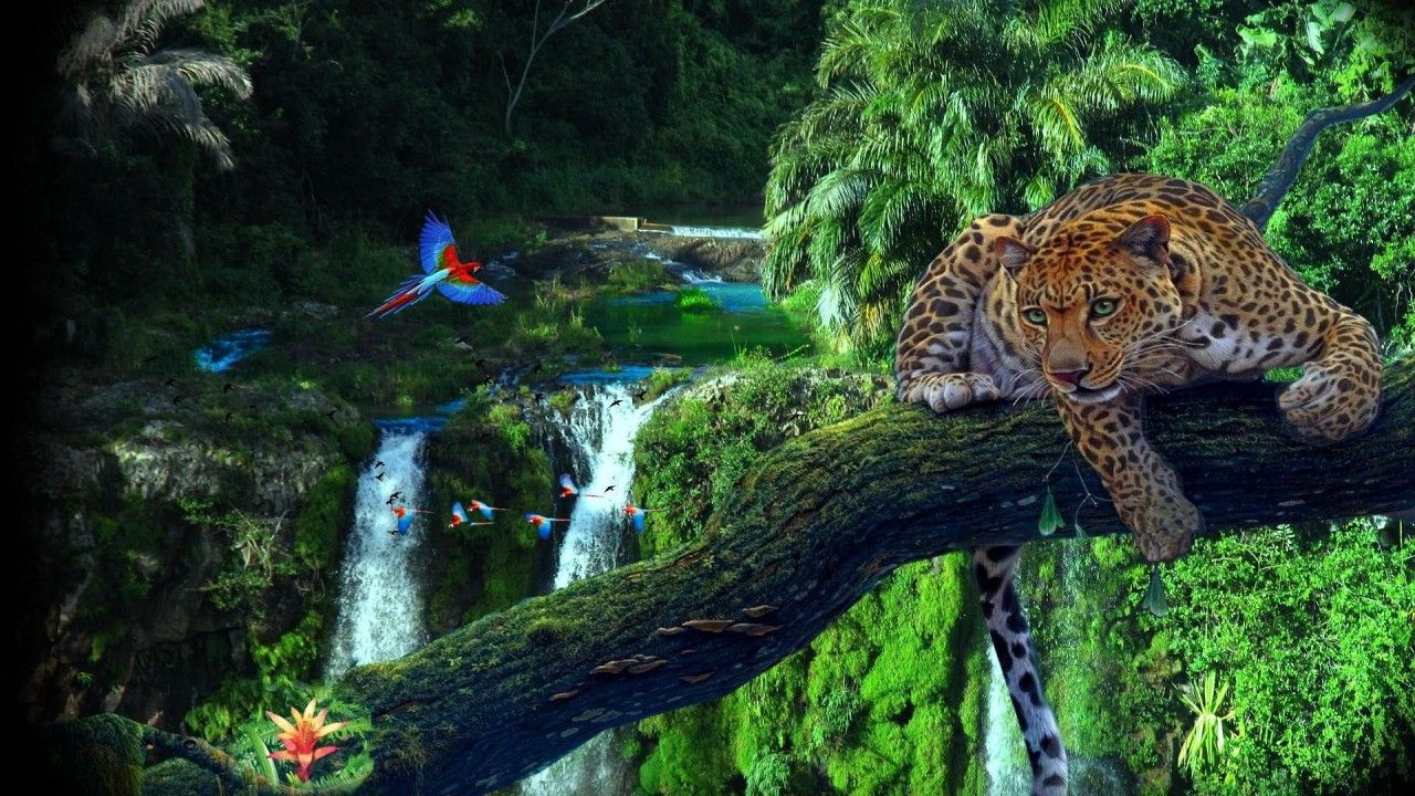 Jaguar, Papageien, Wasserfall, Baumstamm, Digitale Kunst, HD, Windows-Hintergrundbild