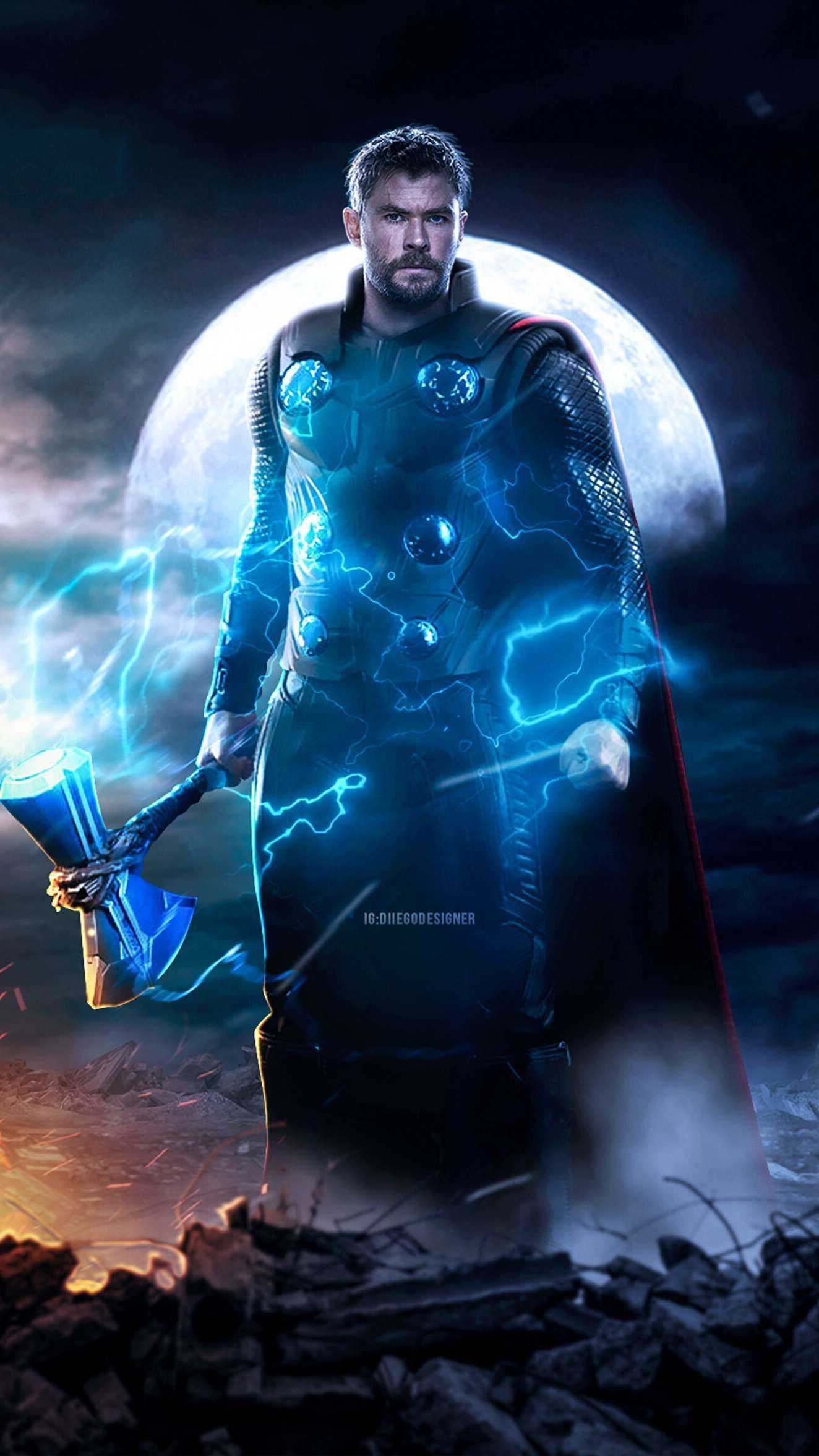 Thor, Mjölnir, Blitze, Mond, Marvel, Full HD, Hintergrundbild fürs Handy