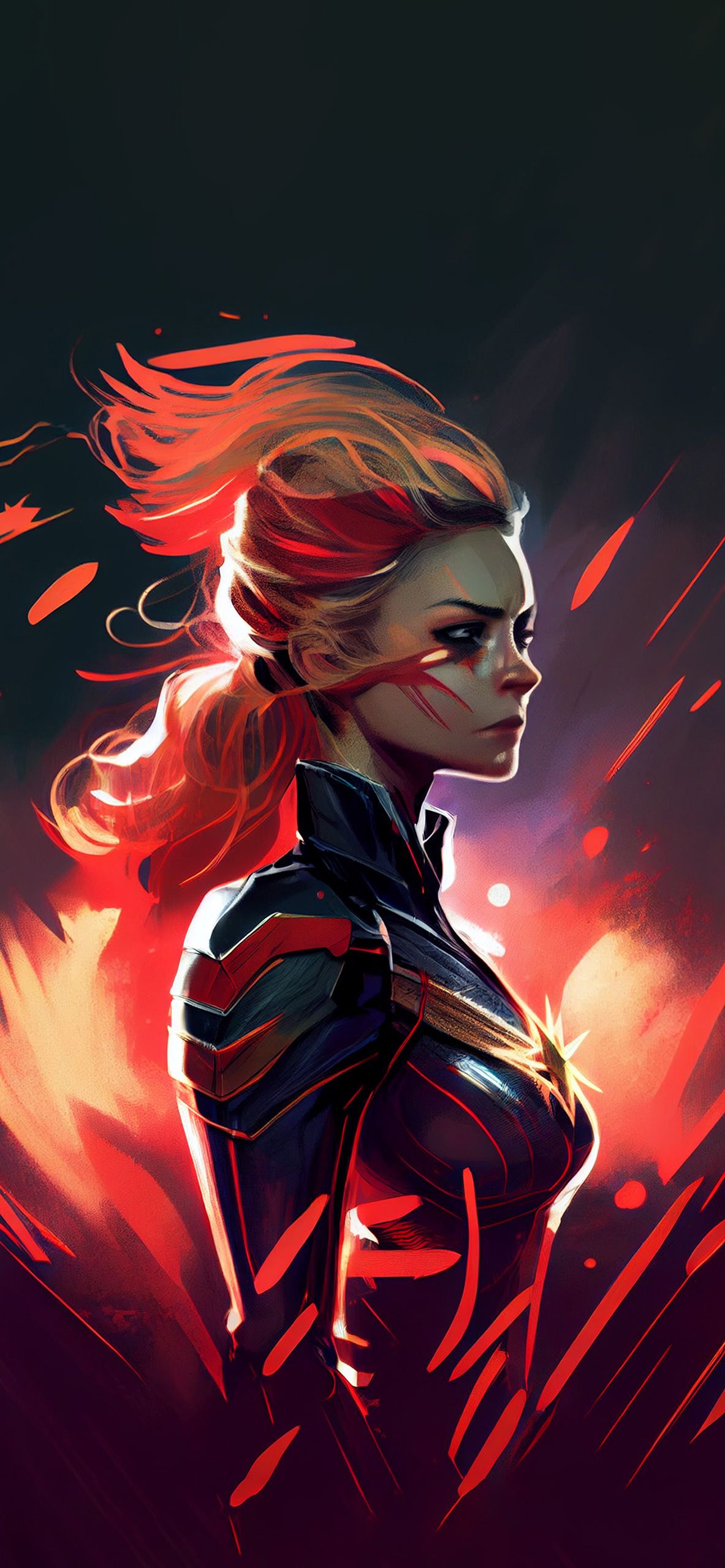 Captain Marvel, Digitale Kunst, Rot-Blau, Dunkler Hintergrund, Superheldin, Sperrbildschirm fürs iPhone