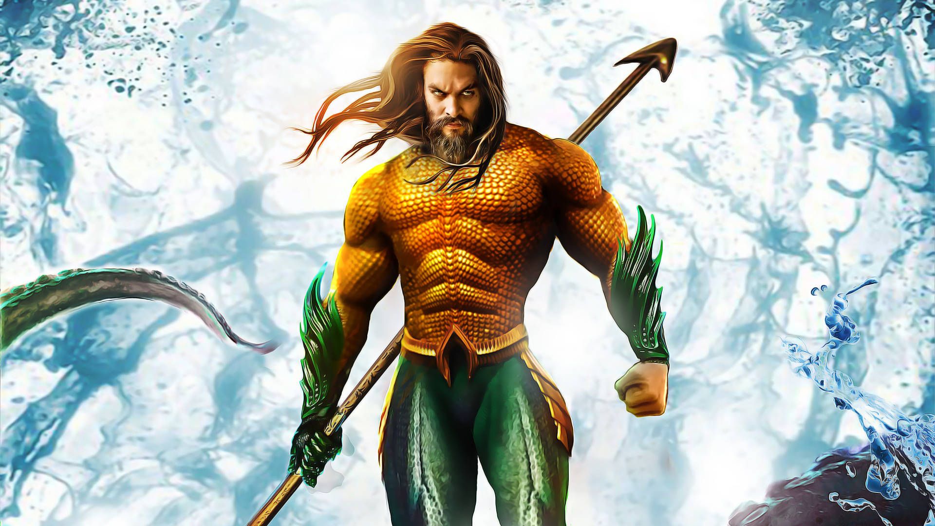 Aquaman, Comic-Stil, Dreizack, Wasser, DC Comics, 16:9, Full-HD-Hintergrundbild für den Desktop