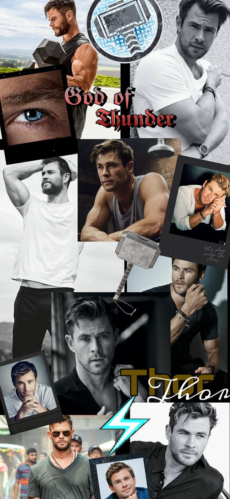 Thor, Chris Hemsworth, Collage, Schwarz-Weiß, God of Thunder, HD, iPhone-Hintergrundbild