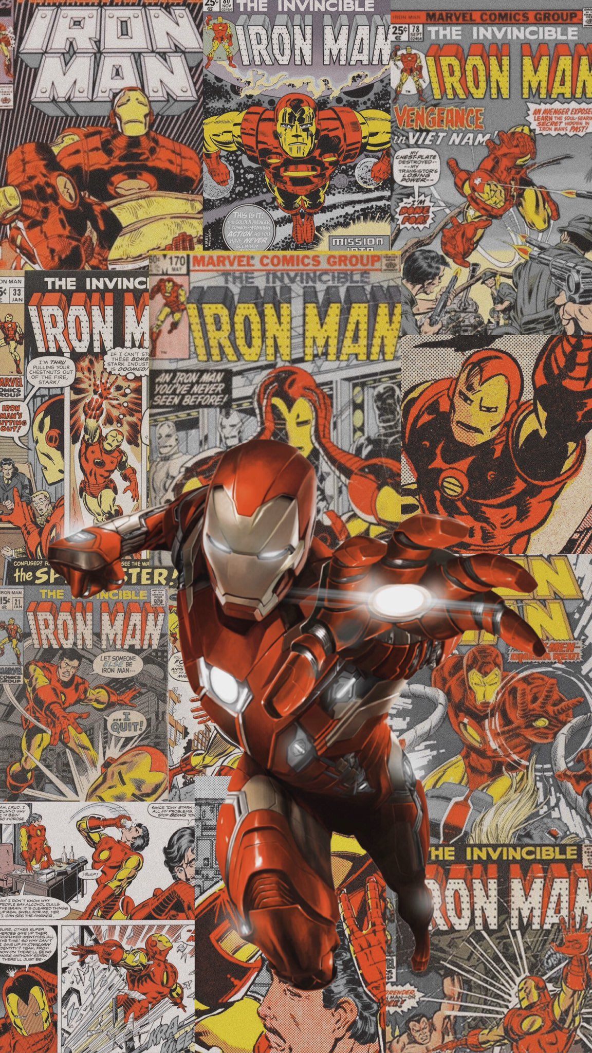 Iron Man, Marvel Comics, Comic-Cover, Collage, Retro, Full HD, Handy-Hintergrund im Hochformat