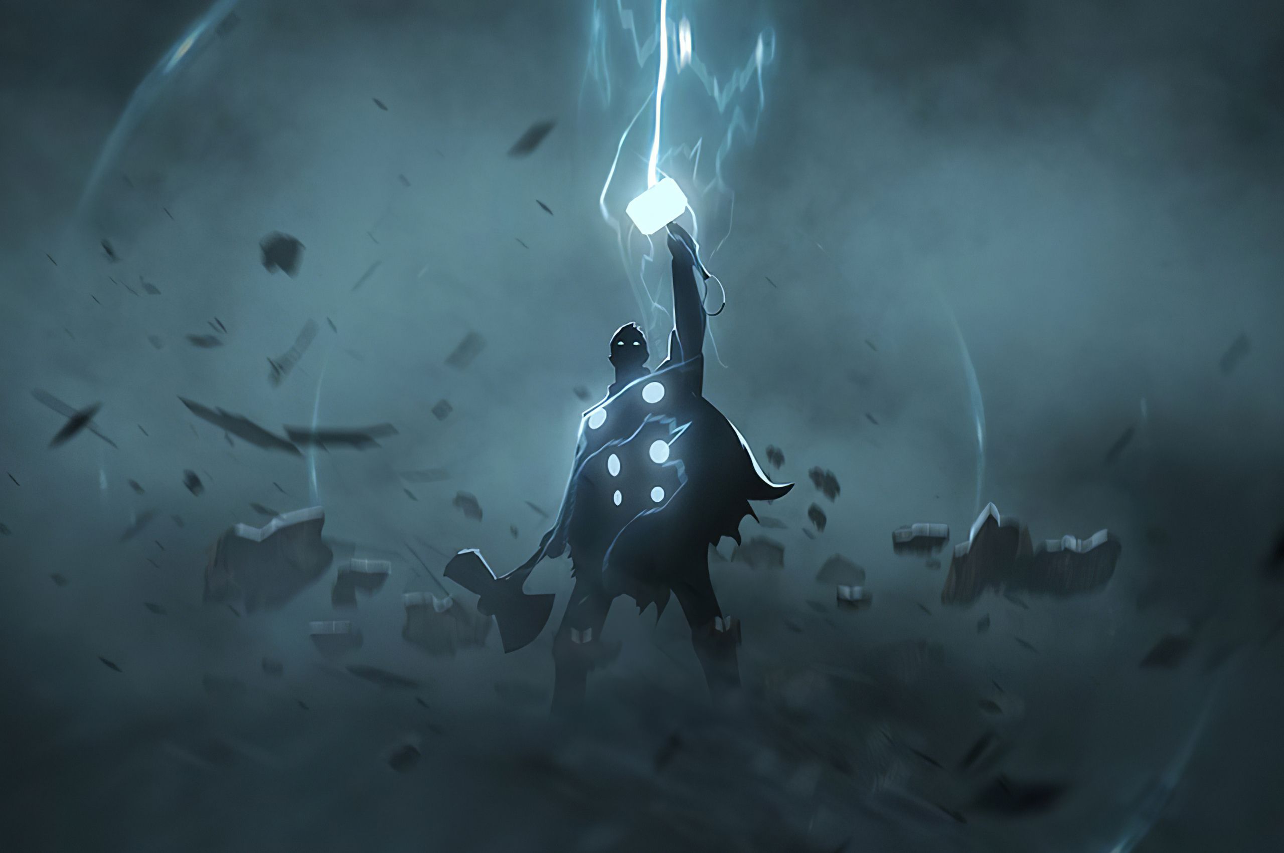 Thor, Blitze, Gewitter, Silhouette, Digitale Kunst, 2K, Hintergrundbild für den PC