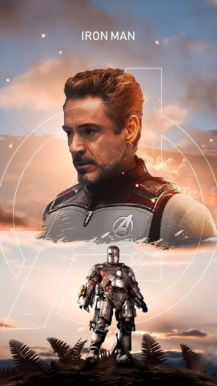 Tony Stark, Robert Downey Jr., Iron Man, Doppelbelichtung, Sonnenuntergang, HD, Handy-Hintergrund