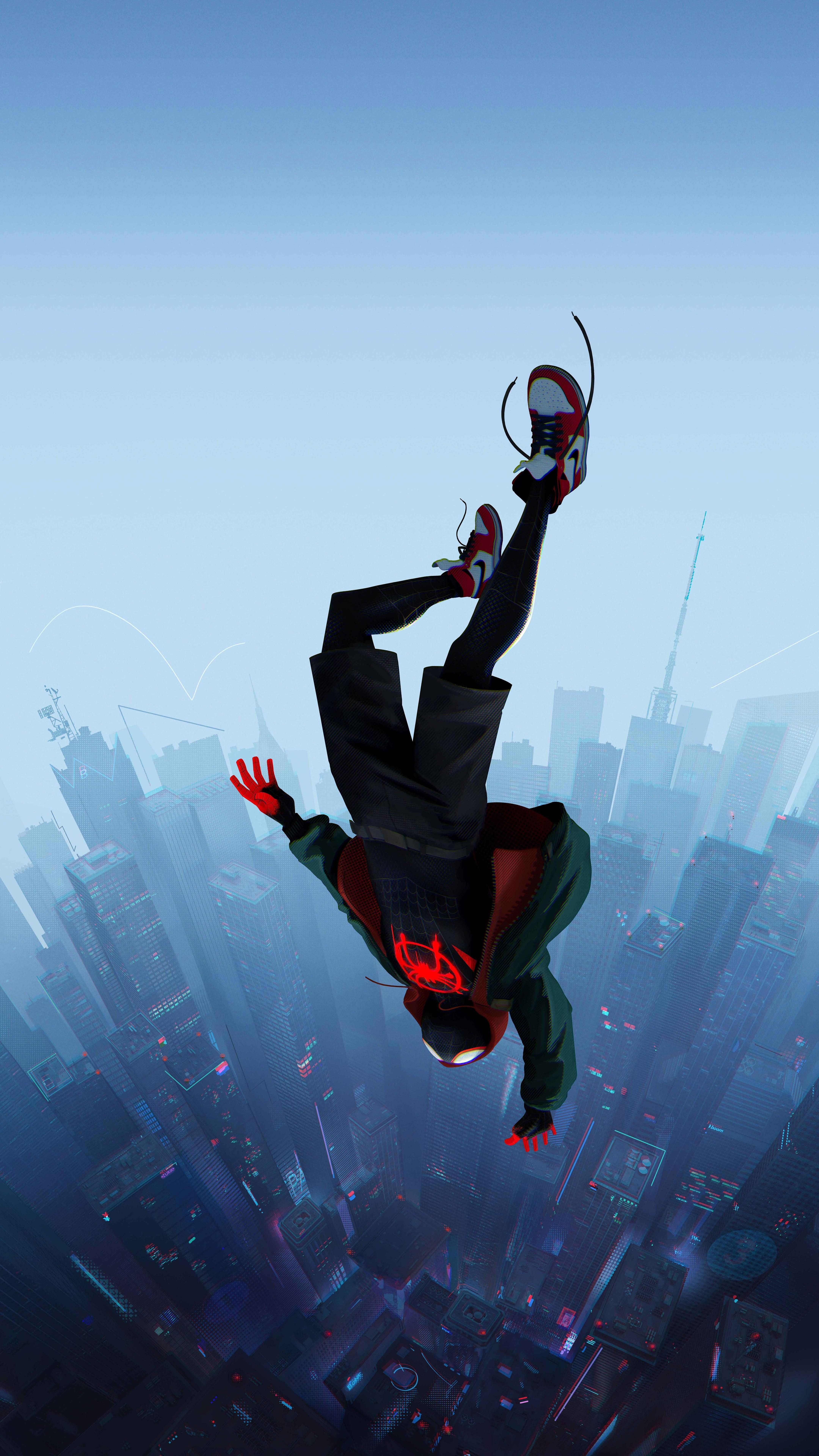 Miles Morales, Spider-Man, Fallen, Skyline, Blau, QHD+, Hintergrundbild fürs Handy