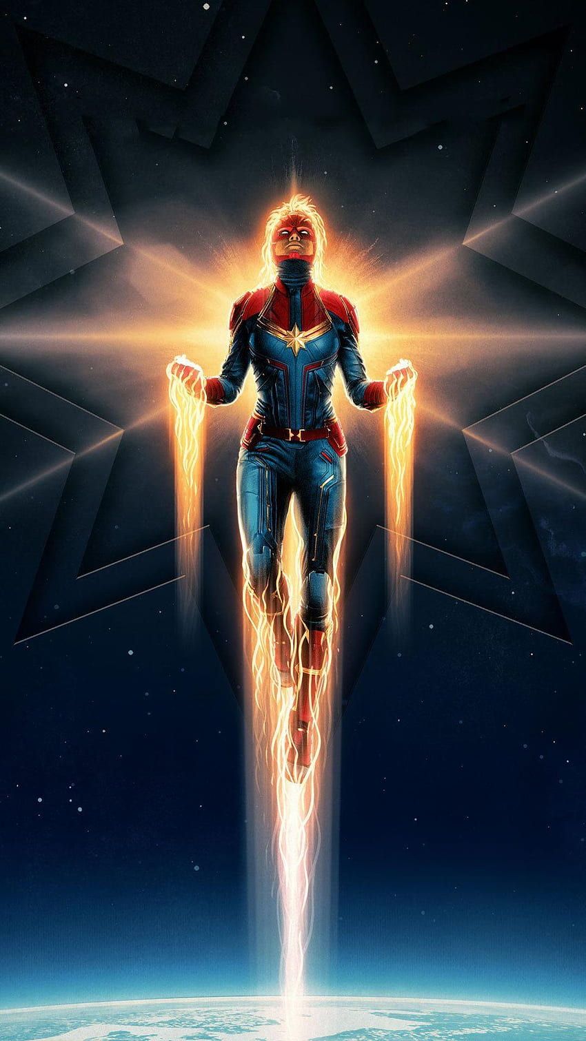 Captain Marvel, Flug, Weltraum, Erde, Leuchten, HD, Handy-Hintergrund im Hochformat