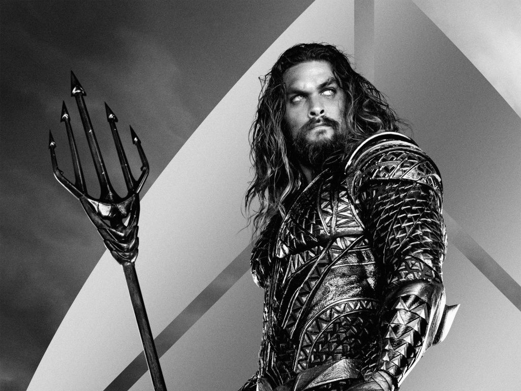Zack Snyder's Justice League, Aquaman, Jason Momoa, Dreizack, Schwarz-Weiß, Hintergrundbild fürs Tablet