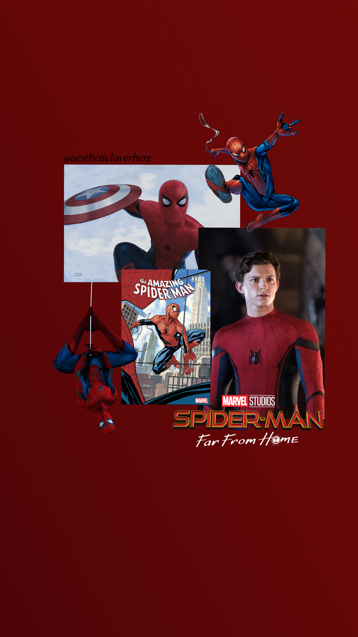 Tom Holland, Spider-Man: Far From Home, Spider-Man, Collage, Dunkelrot, Full HD, Handy-Hintergrundbild