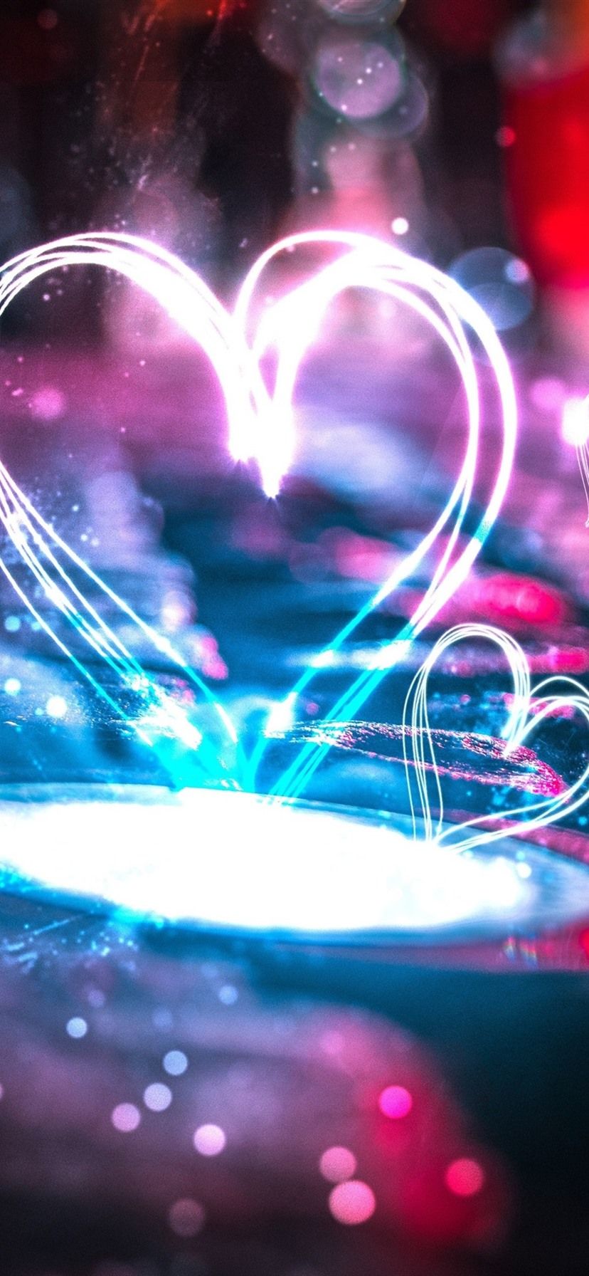 Neon-Herzen, Lichtmalerei, Bokeh, Liebe, Leuchtend, HD, Hintergrundbild fürs Handy