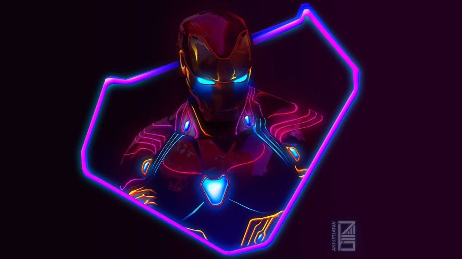 Iron Man, Neon, Lila Töne, Arc-Reaktor, Digitale Kunst, 16:9, HD-Hintergrundbild für den Desktop