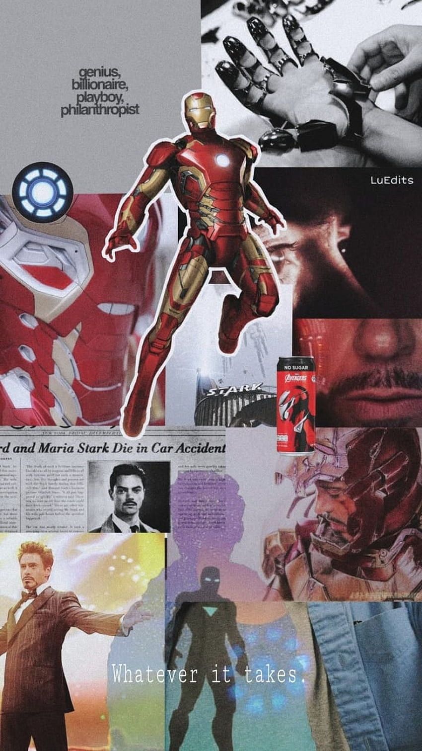 Iron Man, Tony Stark, Collage, Grau-Rot, Ästhetik, HD, Hintergrundbild fürs Handy