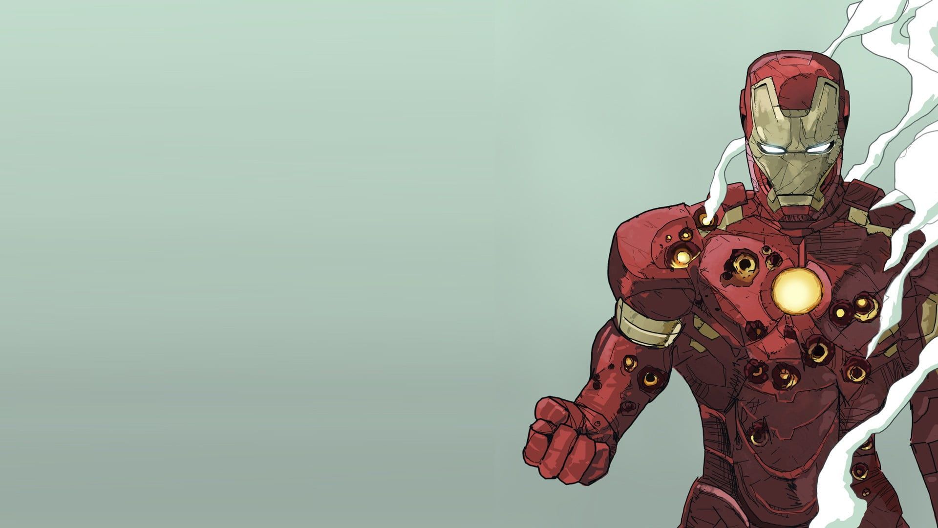 Iron Man, Comic-Stil, Mintgrüner Hintergrund, Rüstung, Blitze, Full HD Wallpaper