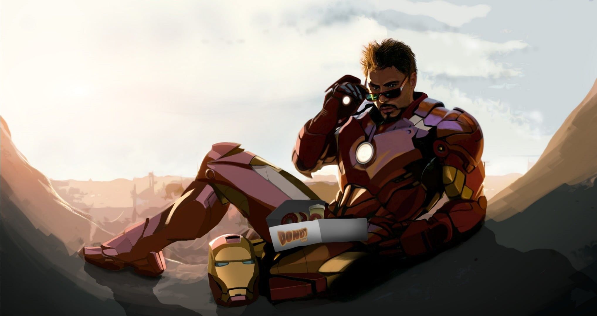 Tony Stark, Iron Man, Iron Man 2, Donut, Illustration, Rüstung, Full HD, Desktop-Hintergrund