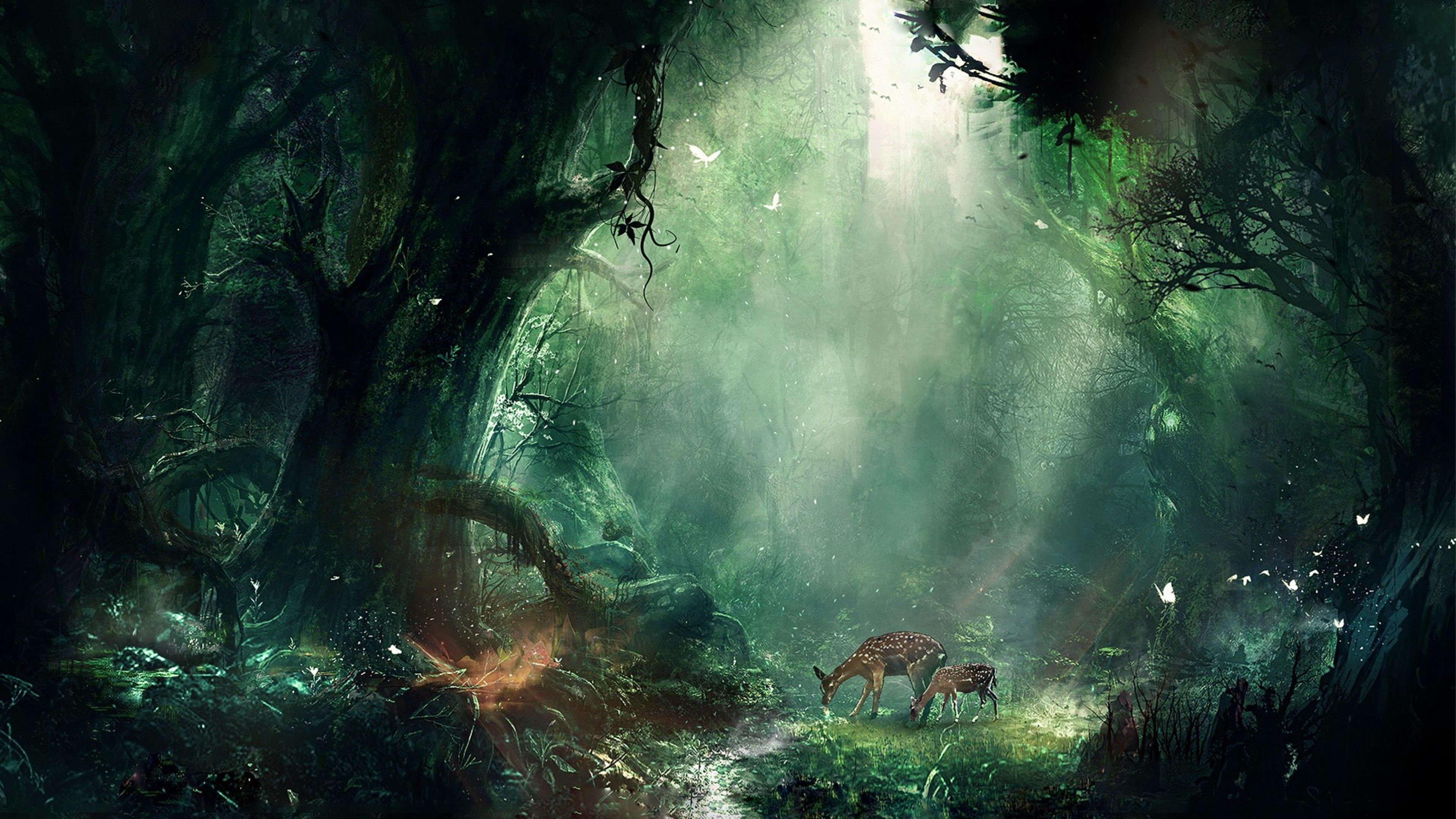 Fantasy-Wald, Hirsch, Lichtstrahlen, Nebel, Digitale Kunst, 3840x2160, PC-Hintergrundbild