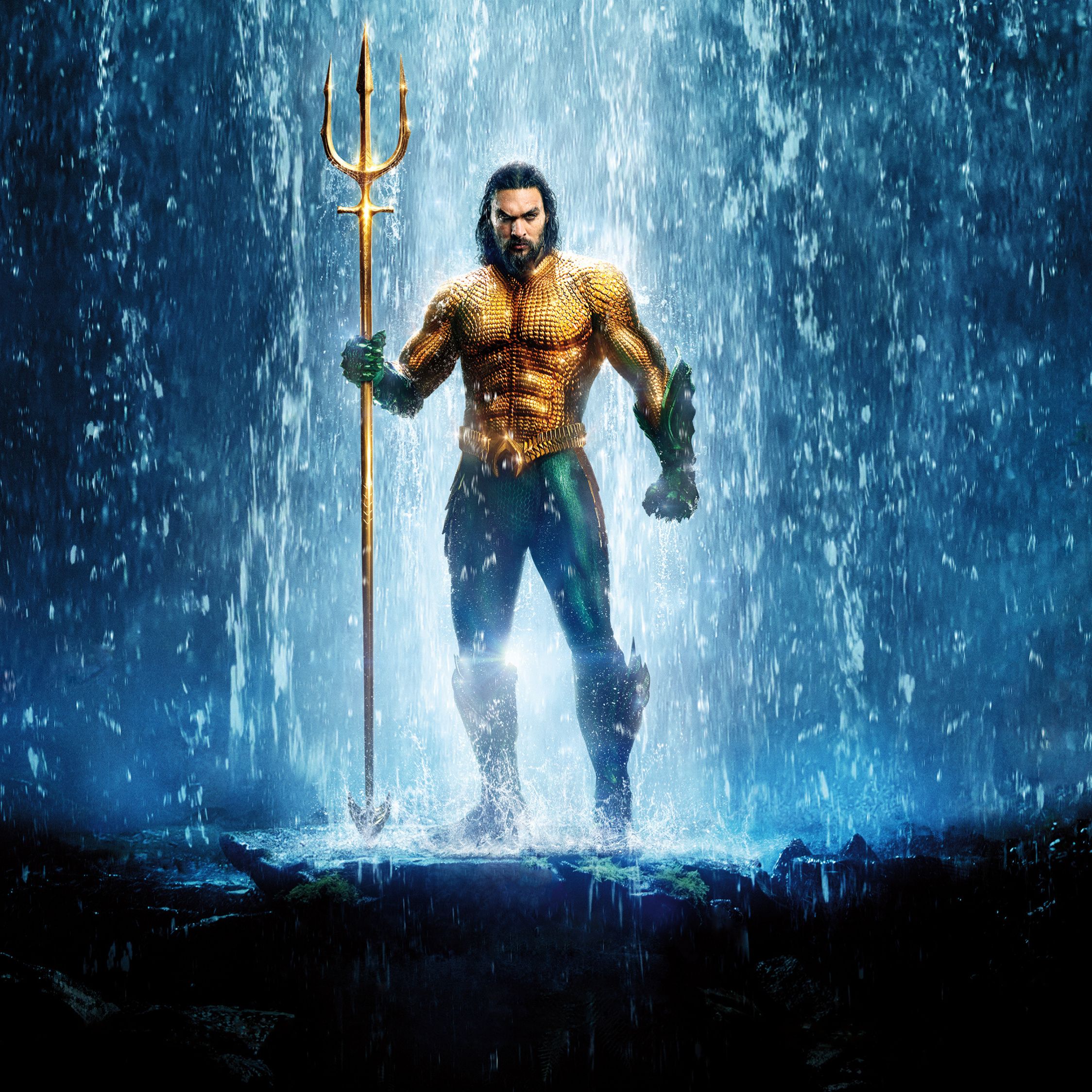 Aquaman, Jason Momoa, Wasserfall, Dreizack, Filmplakat, Full HD, iPad-Hintergrundbild