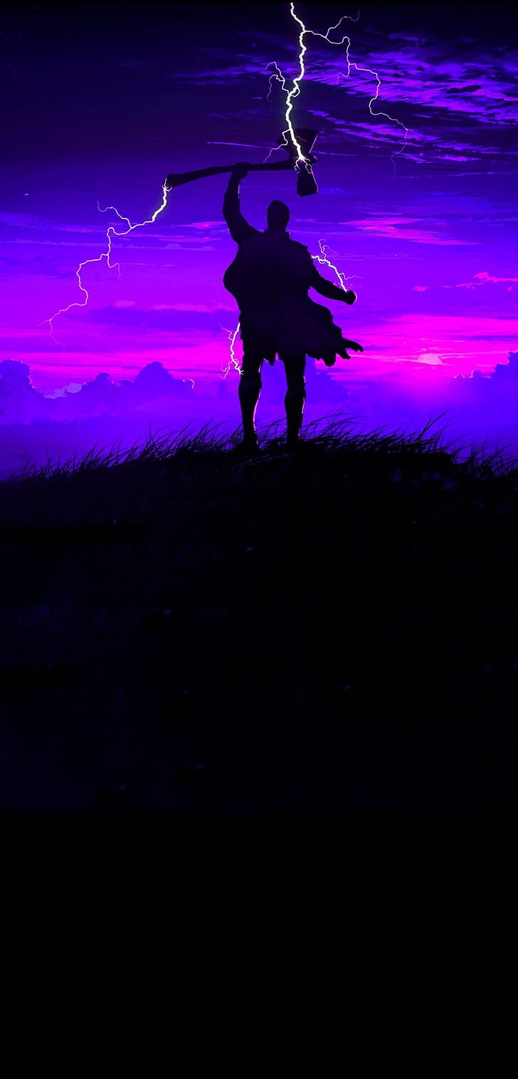 Thor, Silhouette, Blitz, Lila Himmel, Hügel, HD, Hintergrundbild fürs Handy