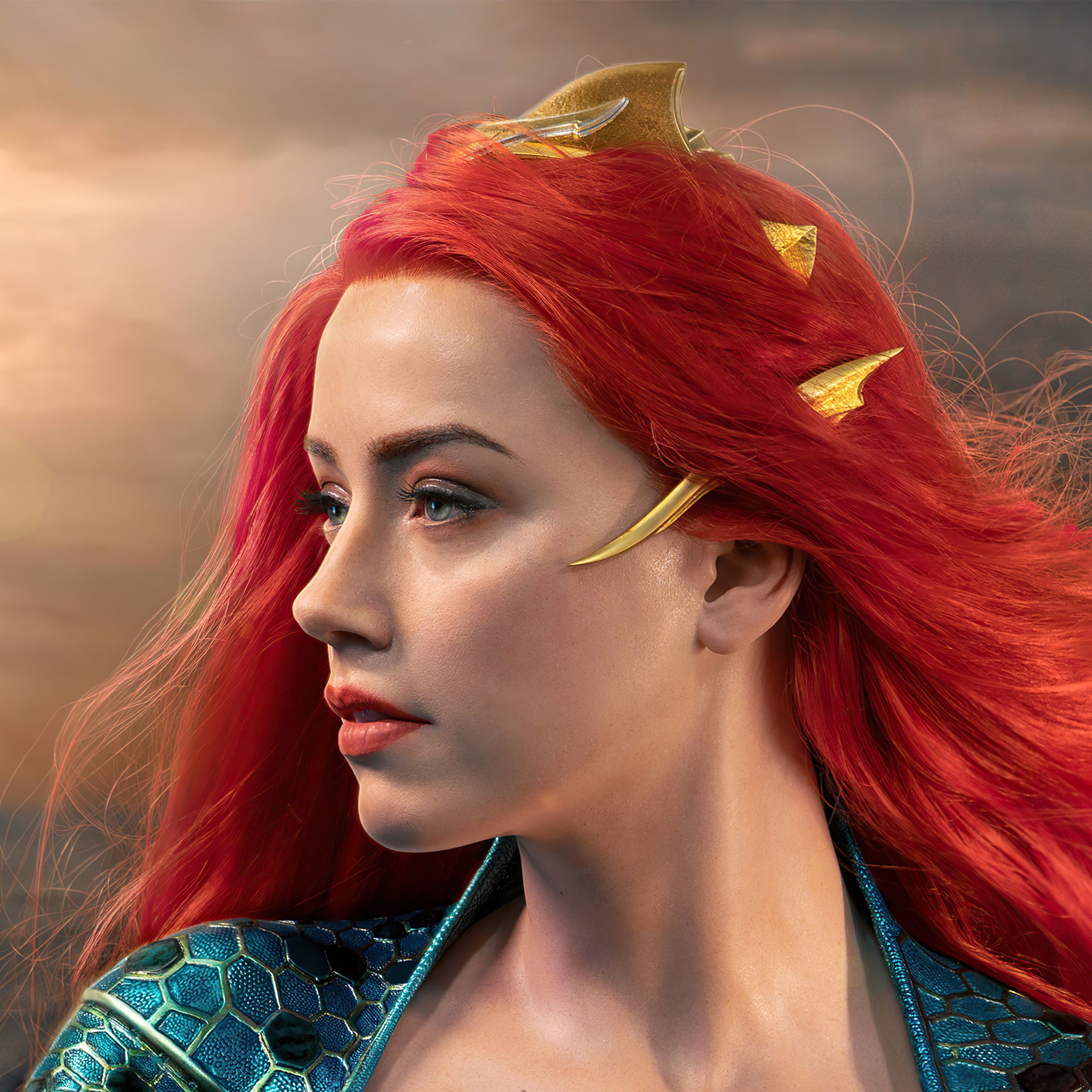 Mera, Amber Heard, Rote Haare, Profil, Porträt, 2K, Hintergrundbild fürs Tablet