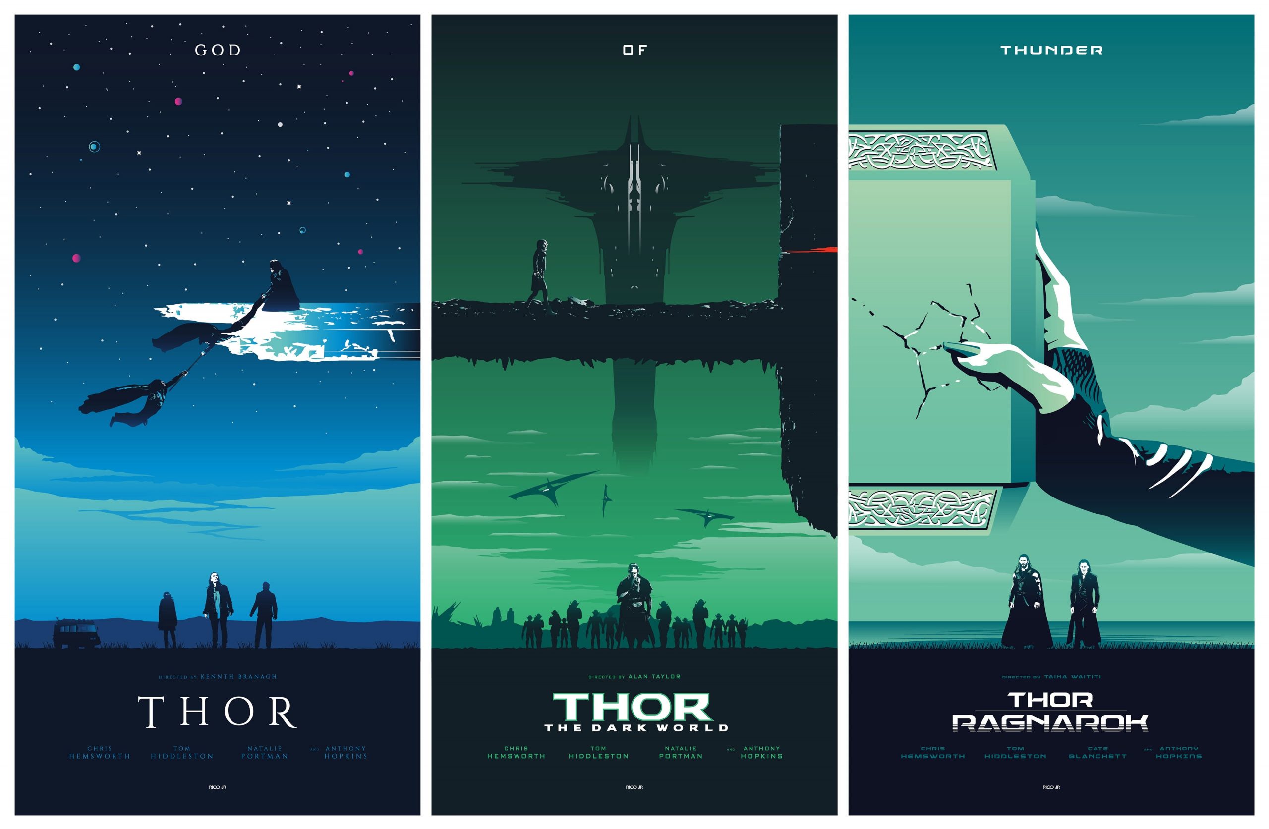 Thor, Thor – The Dark Kingdom, Thor: Tag der Entscheidung, Triptychon, Minimalistisches Poster, 2K-Desktop-Hintergrund