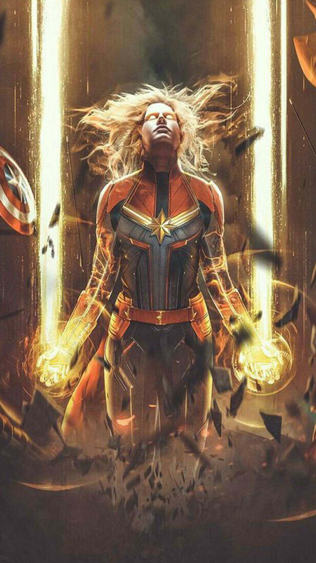 Captain Marvel, Binary-Modus, Energie, Feuer, Leuchten, Hochformat, Hintergrundbild fürs Smartphone