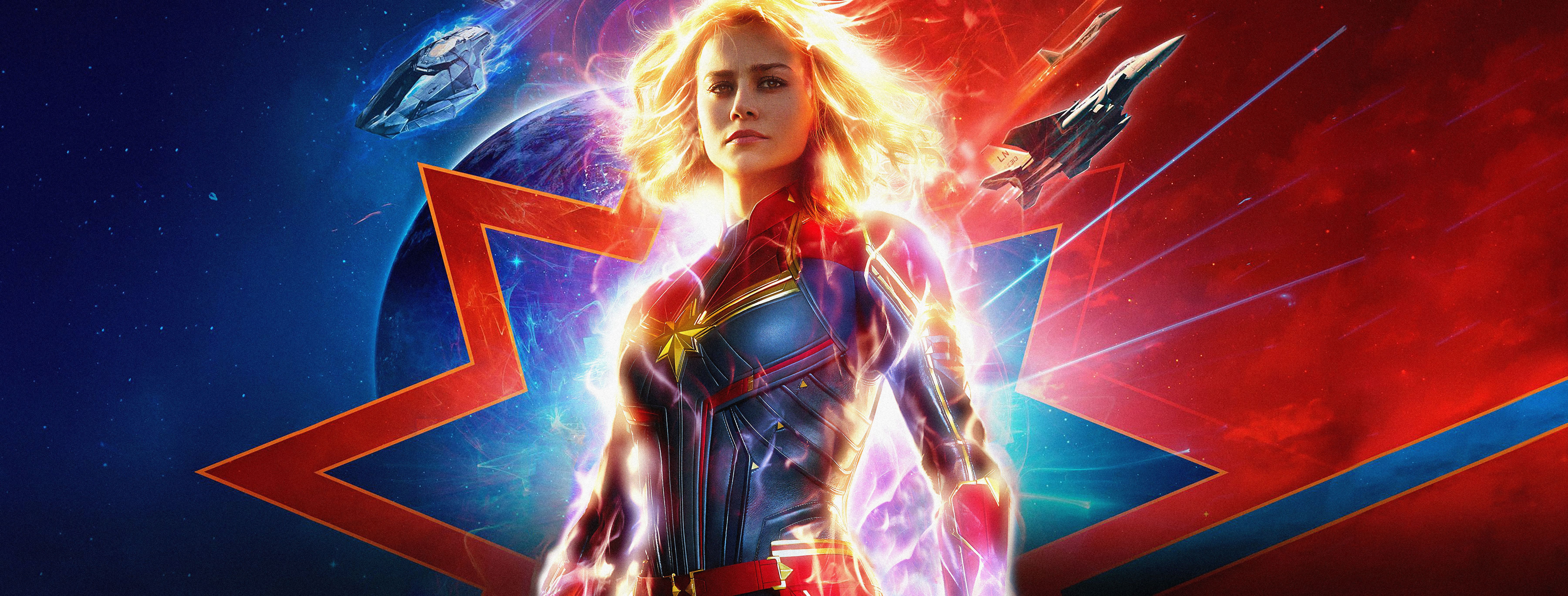 Captain Marvel, Brie Larson, Raumschiffe, Stern-Emblem, Rot-Blau, 6K-Hintergrundbild für PC