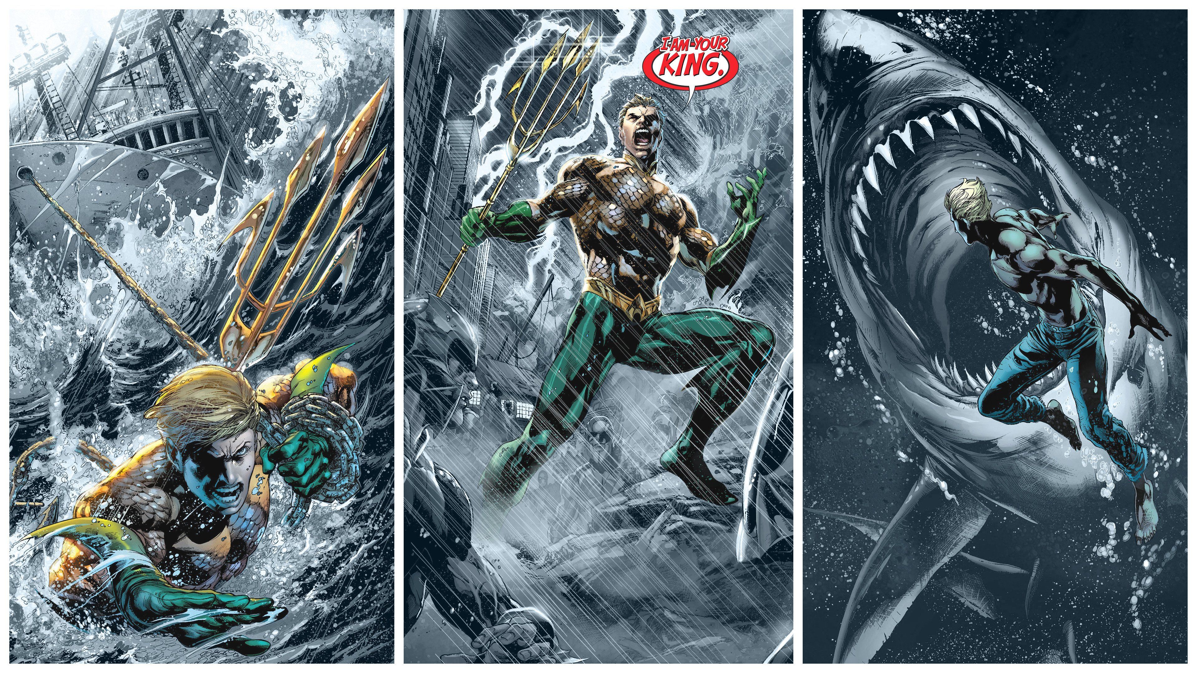 Aquaman, Comic-Stil, Hai, Triptychon, Wellen, 16:9, 4K-Hintergrundbild für den Desktop