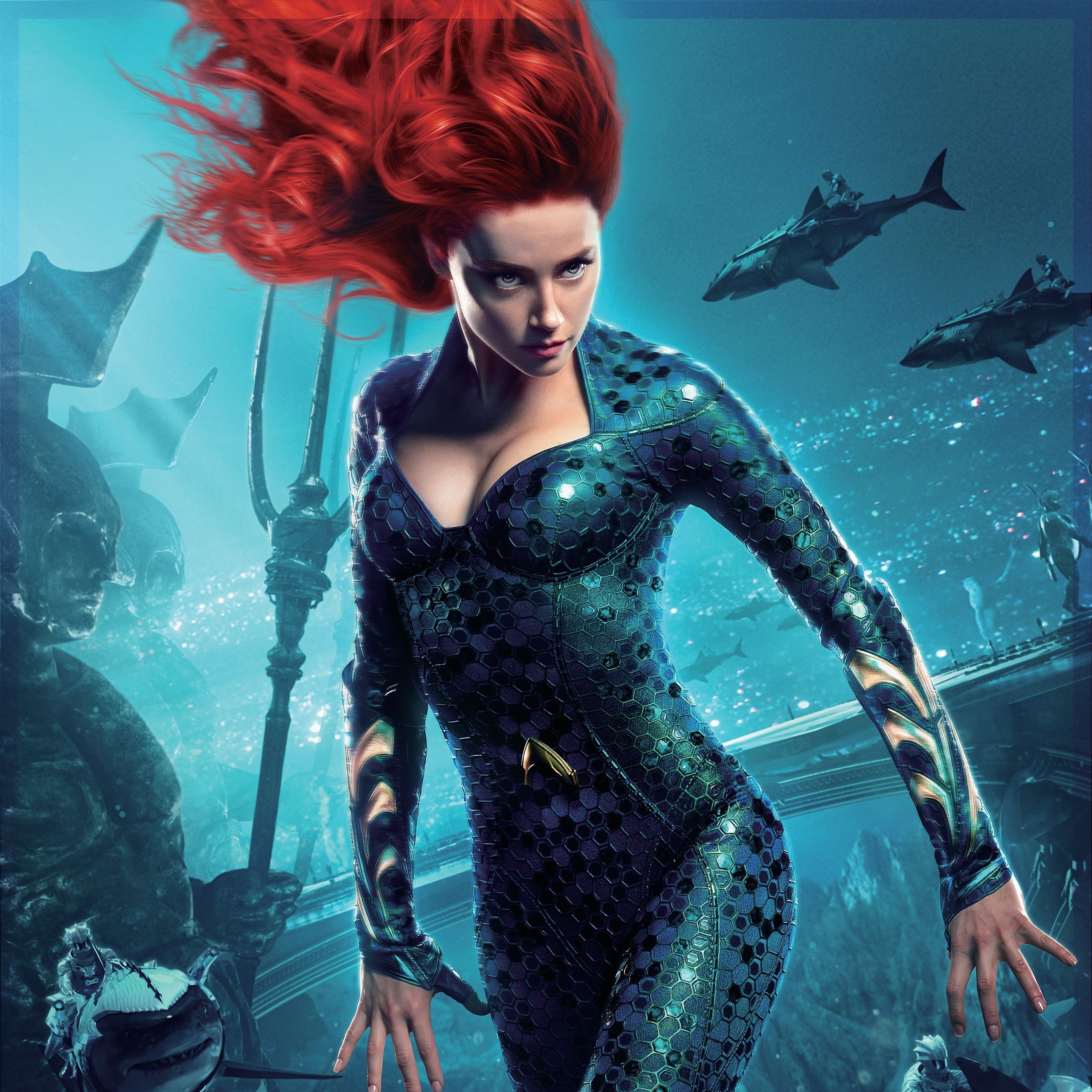Mera, Amber Heard, Unterwasser, Haie, Rote Haare, 2K, Hintergrundbild fürs Tablet