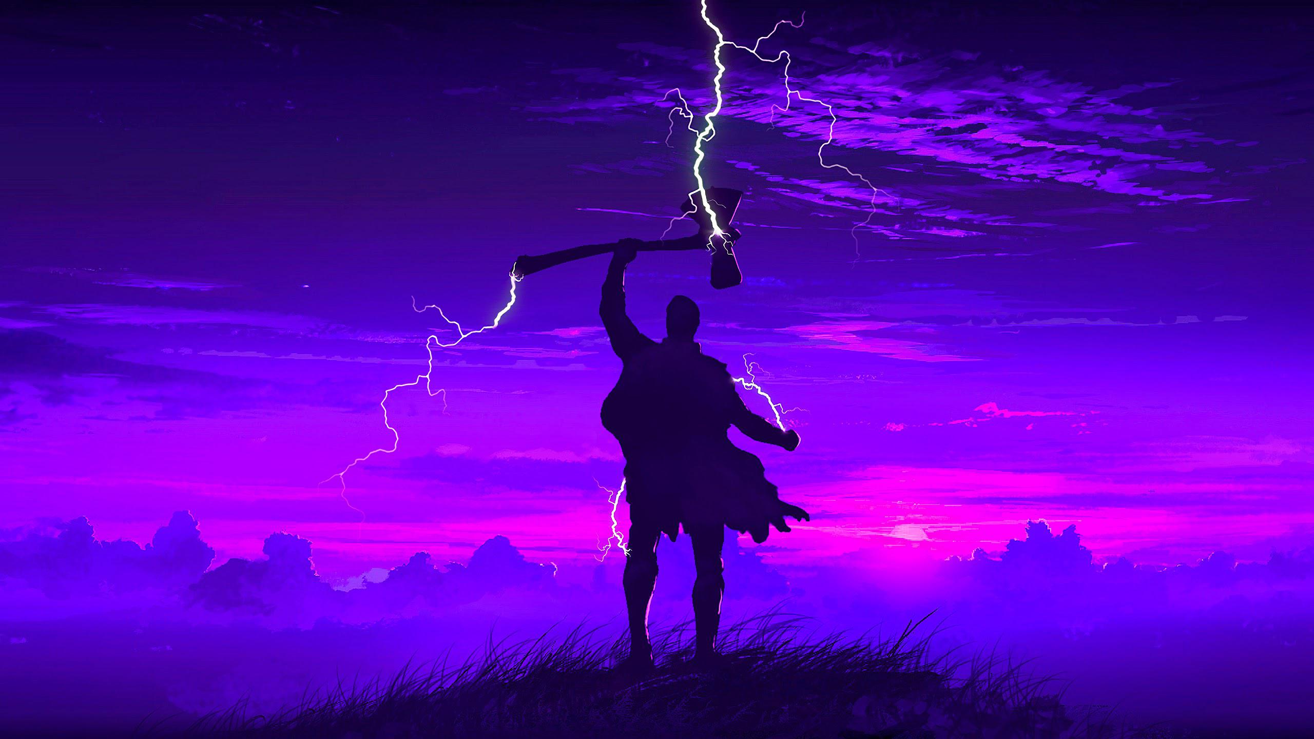 Thor, Silhouette, Blitz, Lila Himmel, Hügel, 16:9, 2K-Hintergrundbild für den Desktop