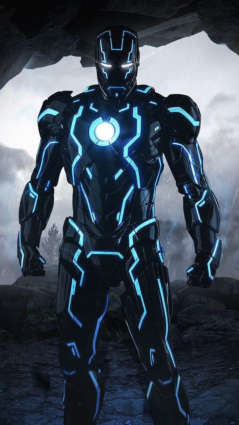 Iron Man, Stealth-Rüstung, Blaues Licht, Dunkel, Arc-Reaktor, HD, iPhone-Hintergrundbild
