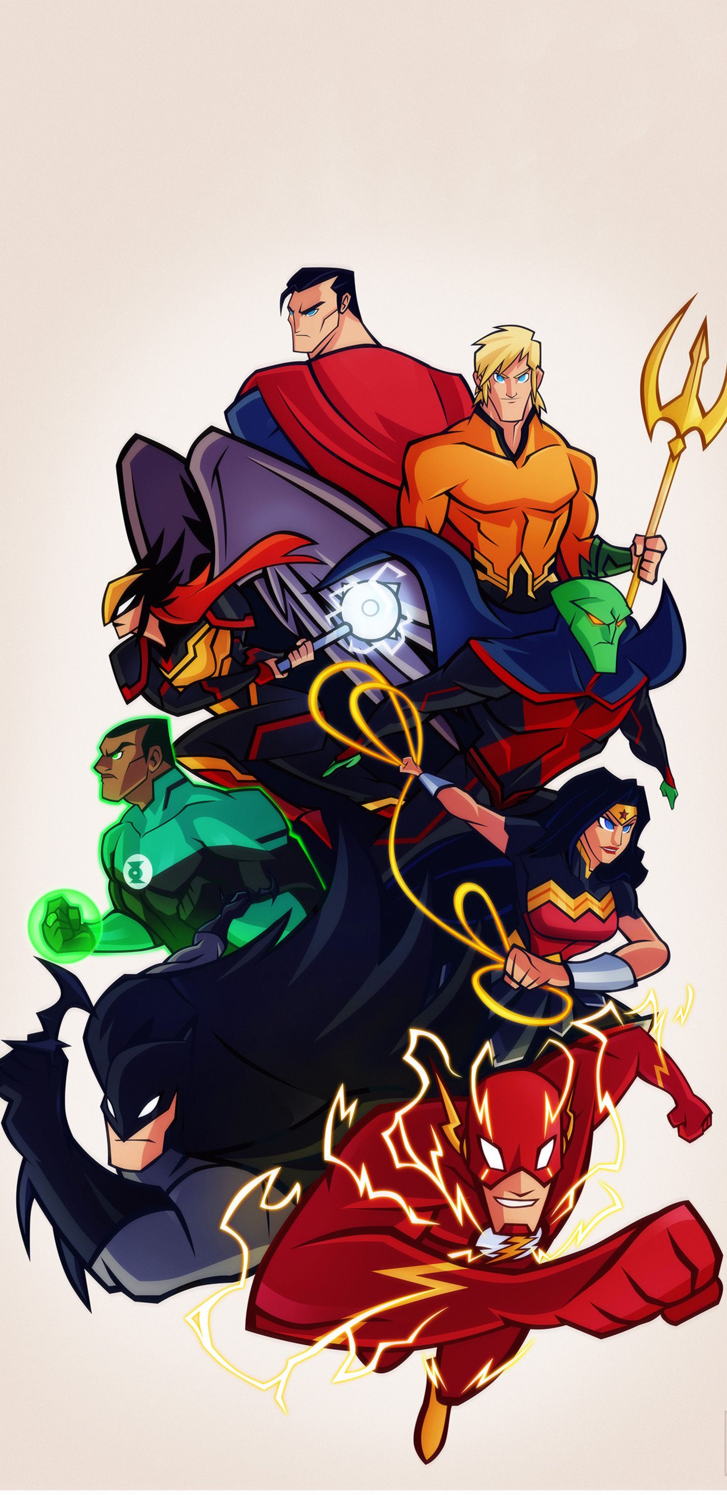 Justice League, Aquaman, Superman, Flash, Comic-Stil, QHD+, Hintergrundbild fürs Handy
