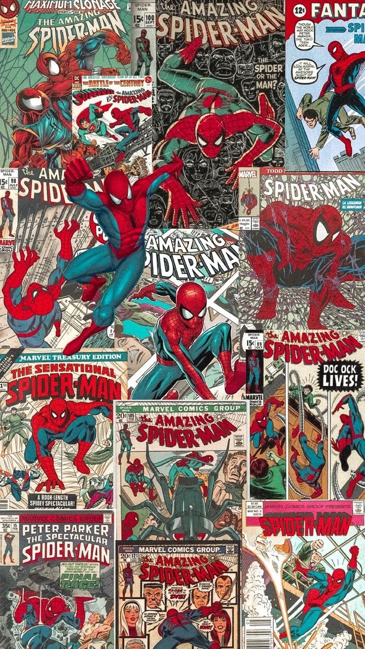 Spider-Man, Comic-Cover, Collage, Marvel, Retro, Hintergrundbild für iPhone und Android