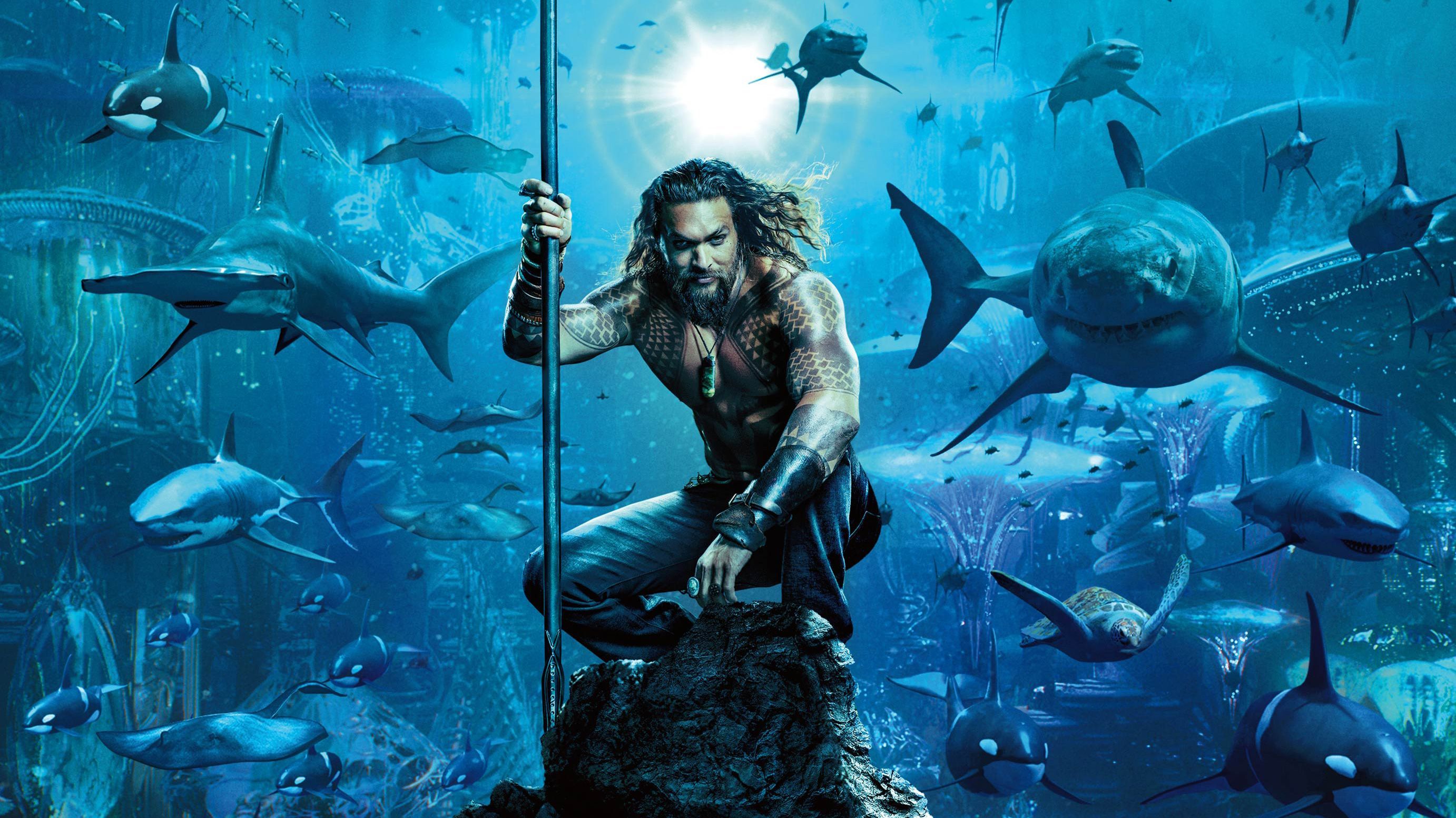 Aquaman, Jason Momoa, Haie, Unterwasser, Filmplakat, 2K, Hintergrund für den Desktop