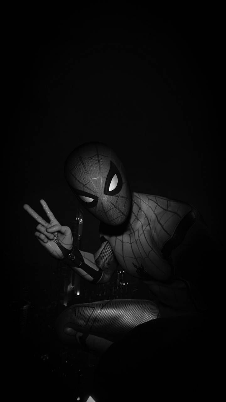 Spider-Man, Peace-Zeichen, Schwarz-Weiß, Dunkel, Hochformat, Hintergrundbild fürs Smartphone