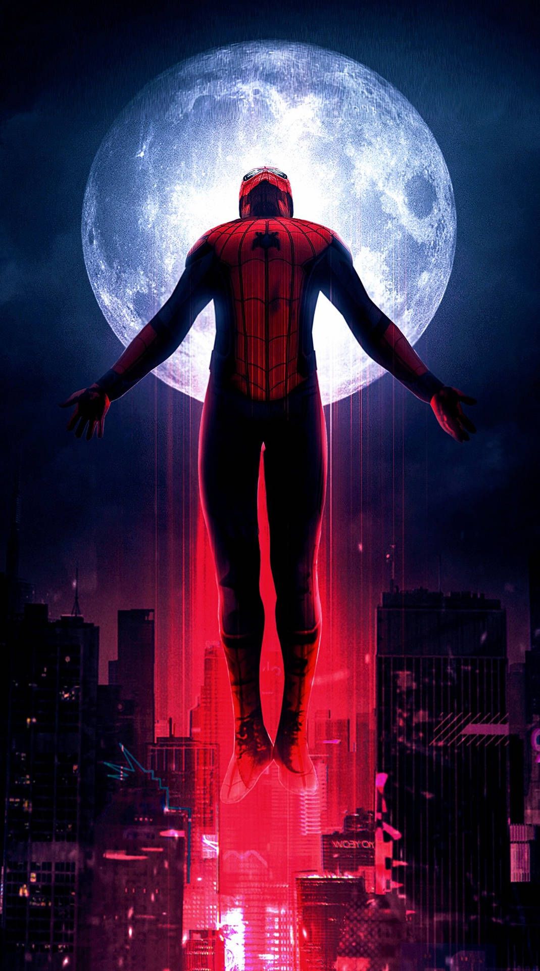 Spider-Man, Vollmond, Stadt, Nacht, Rot, HD, Handy-Hintergrund im Hochformat