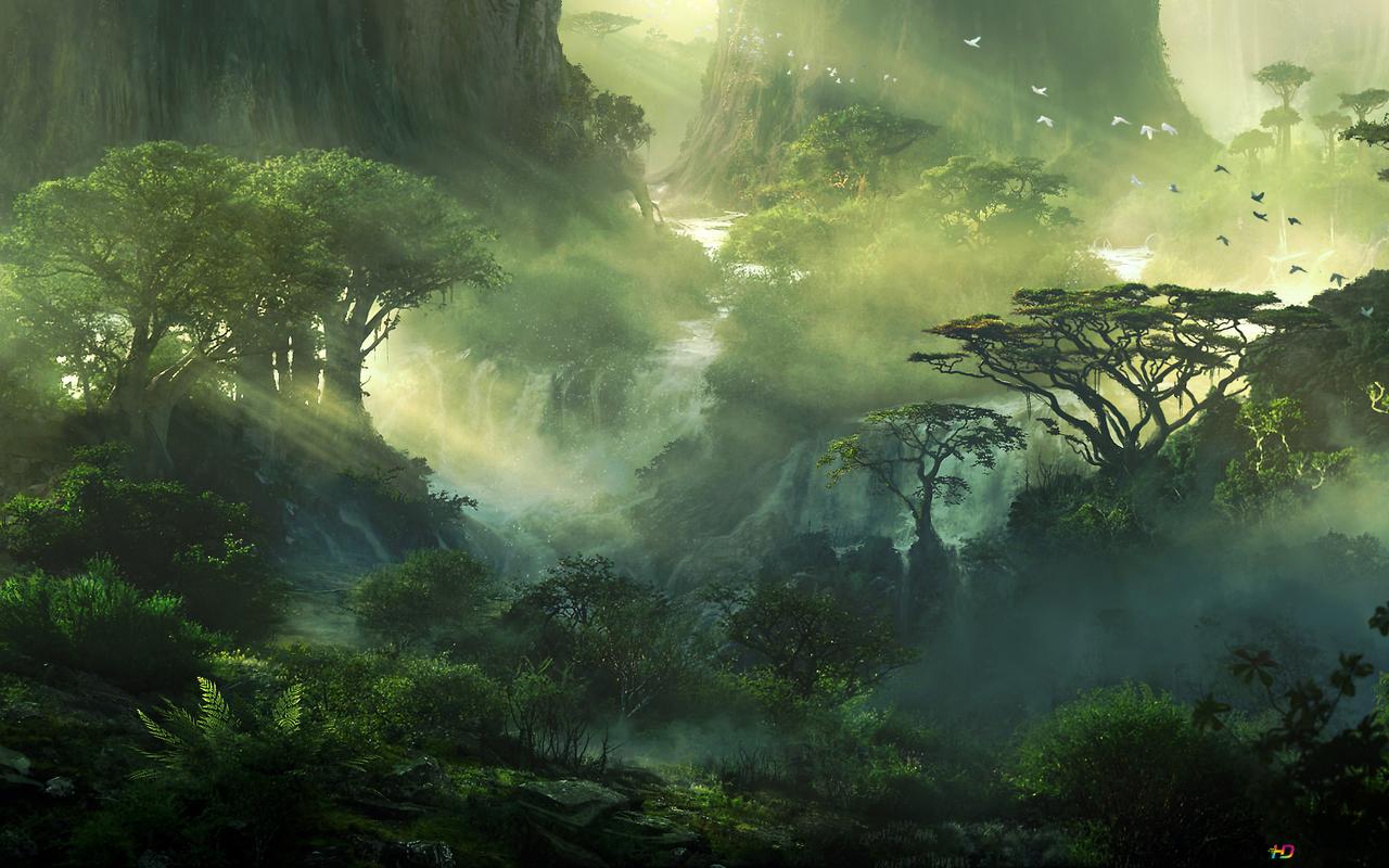 Urwald, Nebel, Sonnenstrahlen, Vögel, Digitale Kunst, 16:10, HD-Hintergrundbild für den Desktop