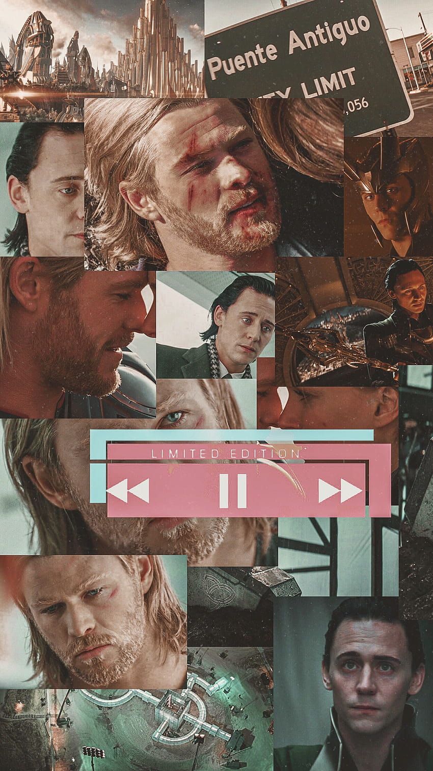 Thor, Loki, Collage, Ästhetik, Musikplayer, Hochformat, Hintergrundbild fürs Smartphone