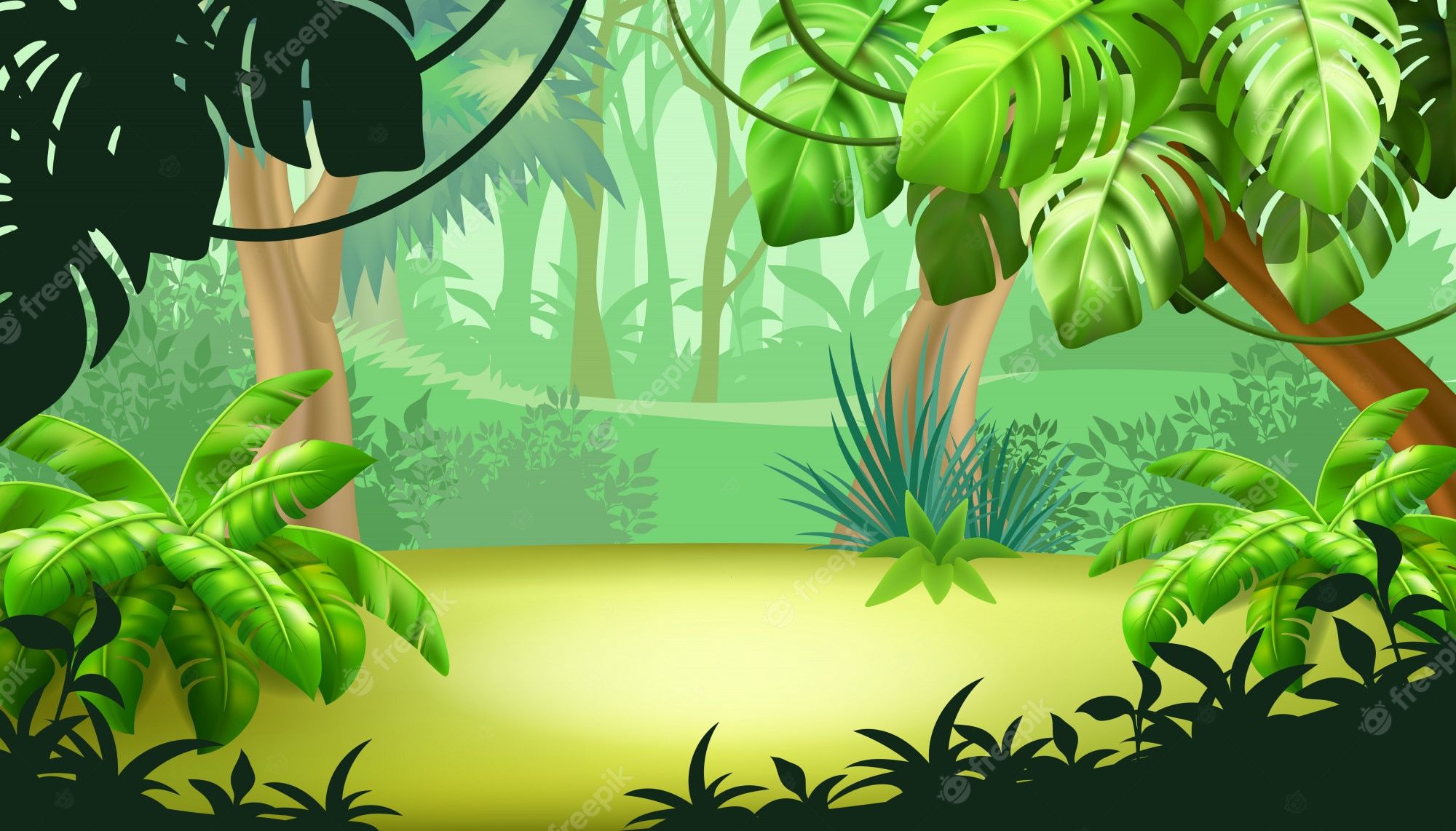 Cartoon-Dschungel, Lichtung, Monstera, Vektorgrafik, Hellgrün, Full HD, PC-Hintergrundbild