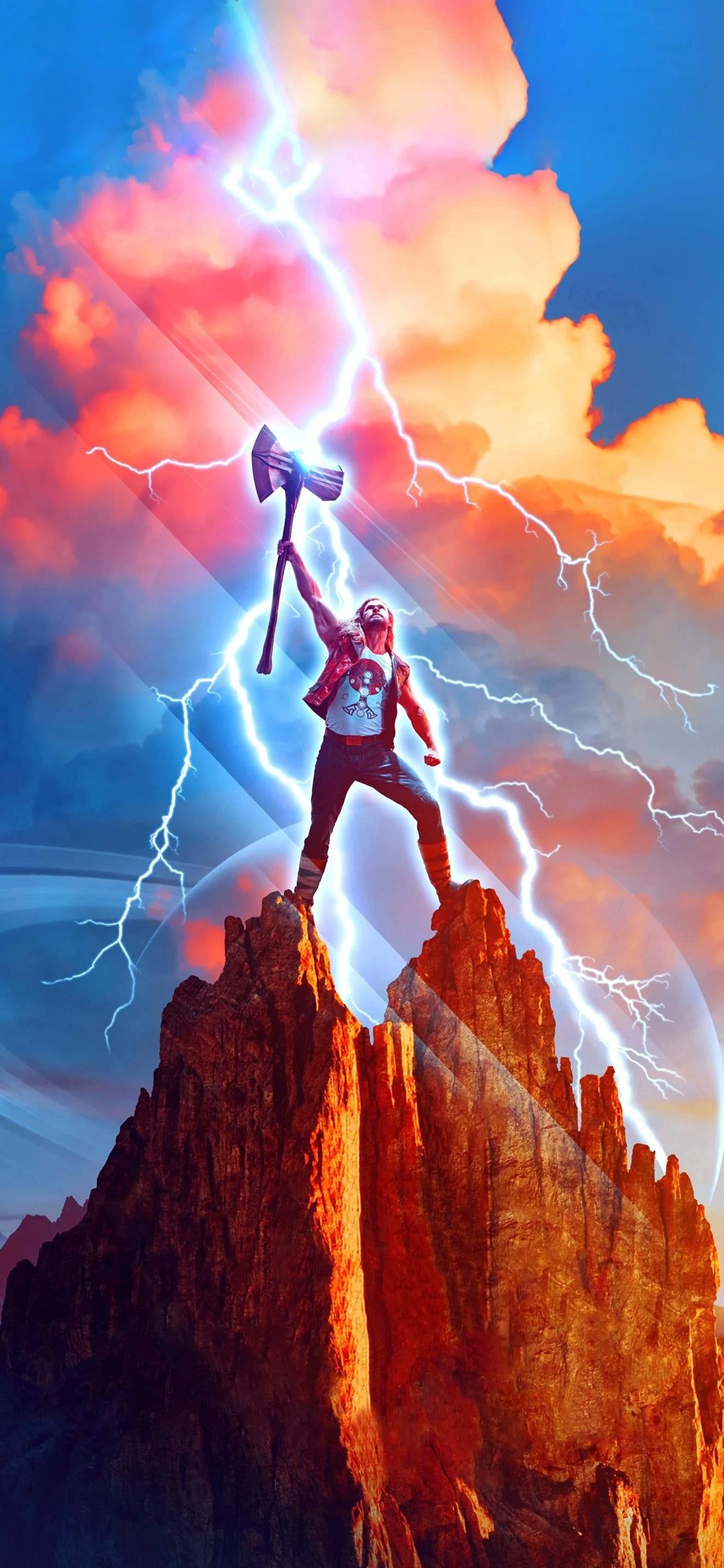 Thor, Thor: Love and Thunder, Felsen, Blitz, Bunter Himmel, Full HD, Handy-Hintergrundbild