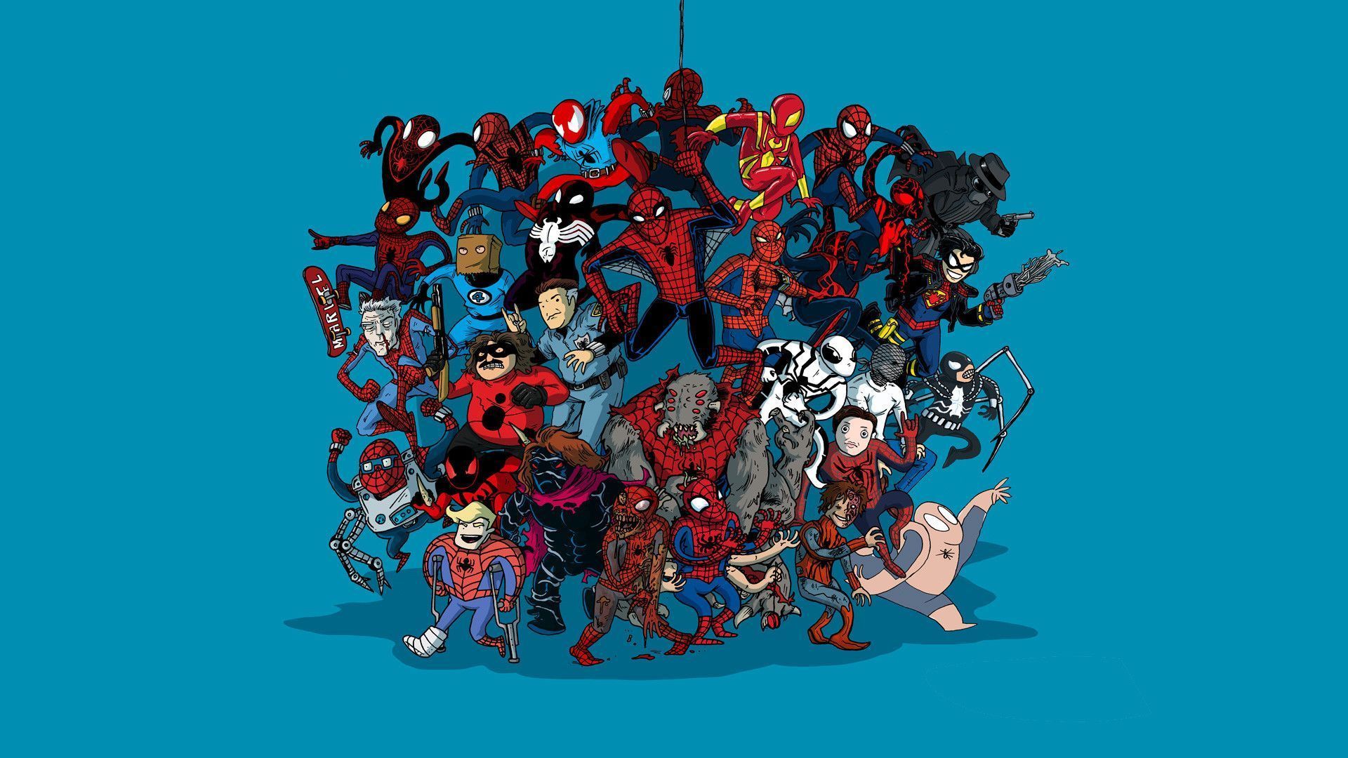 Spider-Verse, Spider-Man, Venom, Gruppe, Cartoon, Blauer Hintergrund, Full HD Wallpaper