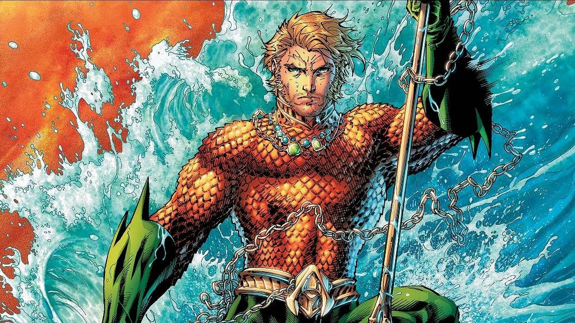 Aquaman, DC Comics, Comic-Stil, Wellen, Dreizack, 16:9, Full-HD-Hintergrundbild für den Desktop