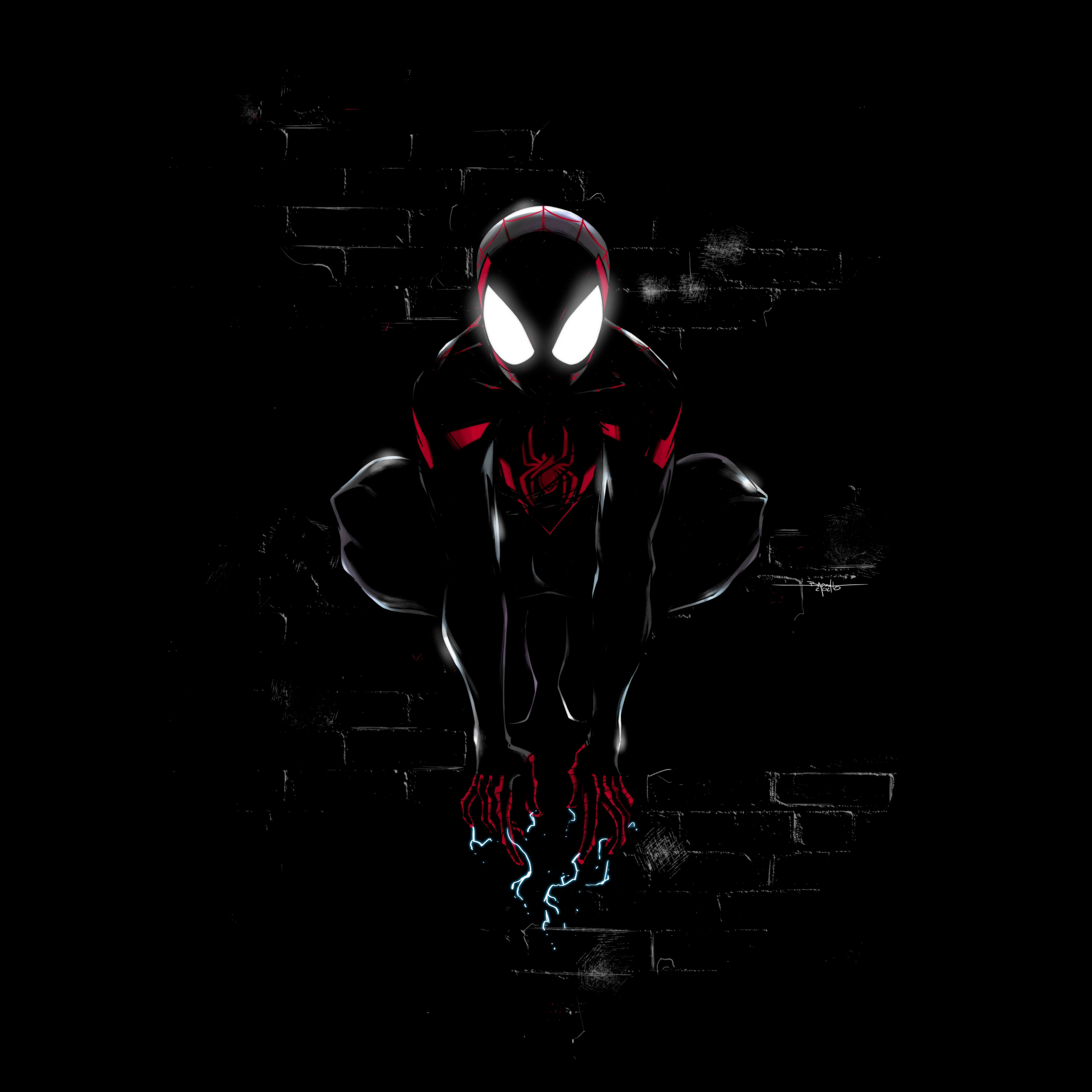 Miles Morales, Spider-Man, Schwarzer Hintergrund, Silhouette, Minimalistisch, 2K Wallpaper