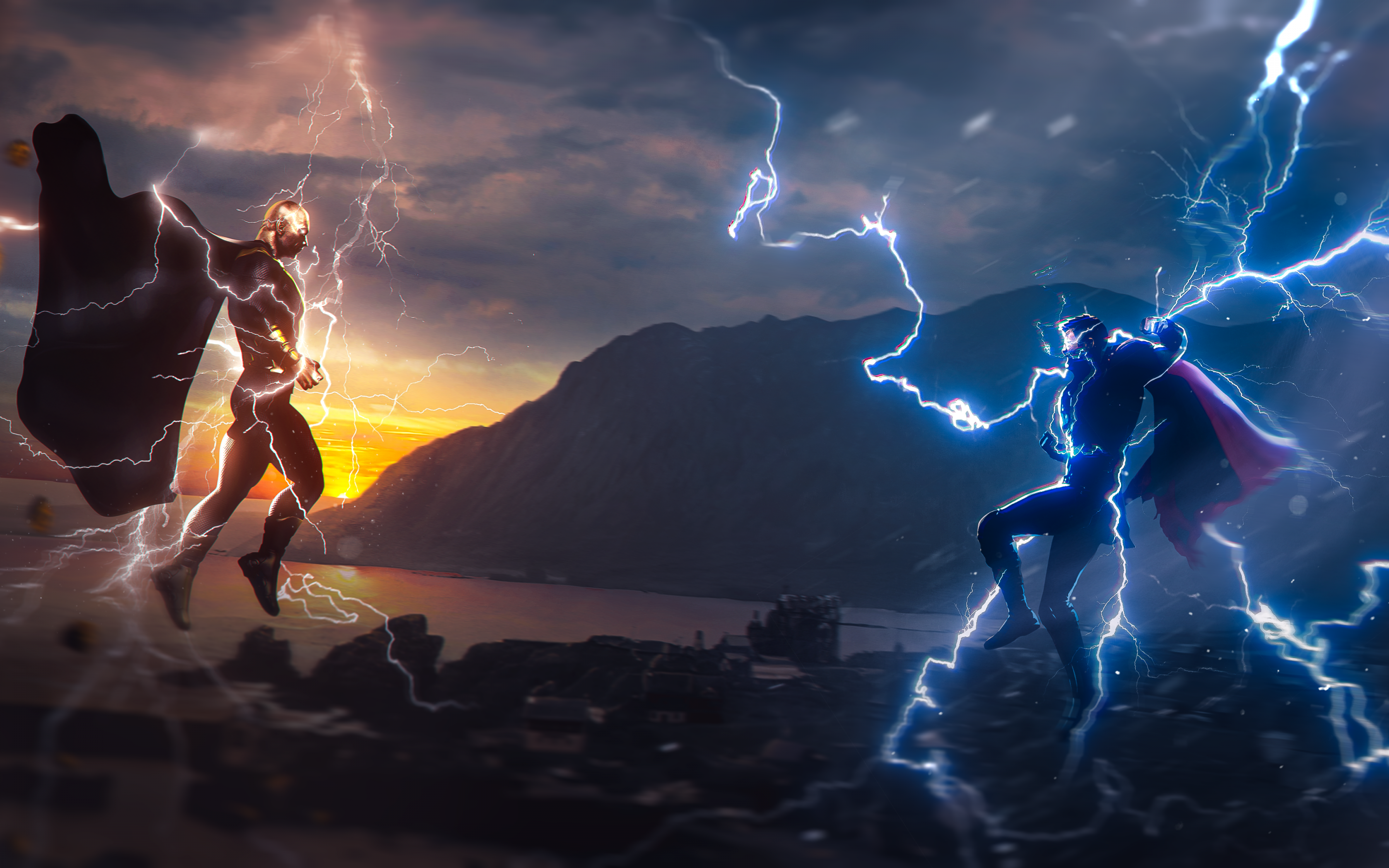 Thor, Blitze, Kampf, Sonnenuntergang, Berge, 2K, Desktop-Hintergrund für Windows