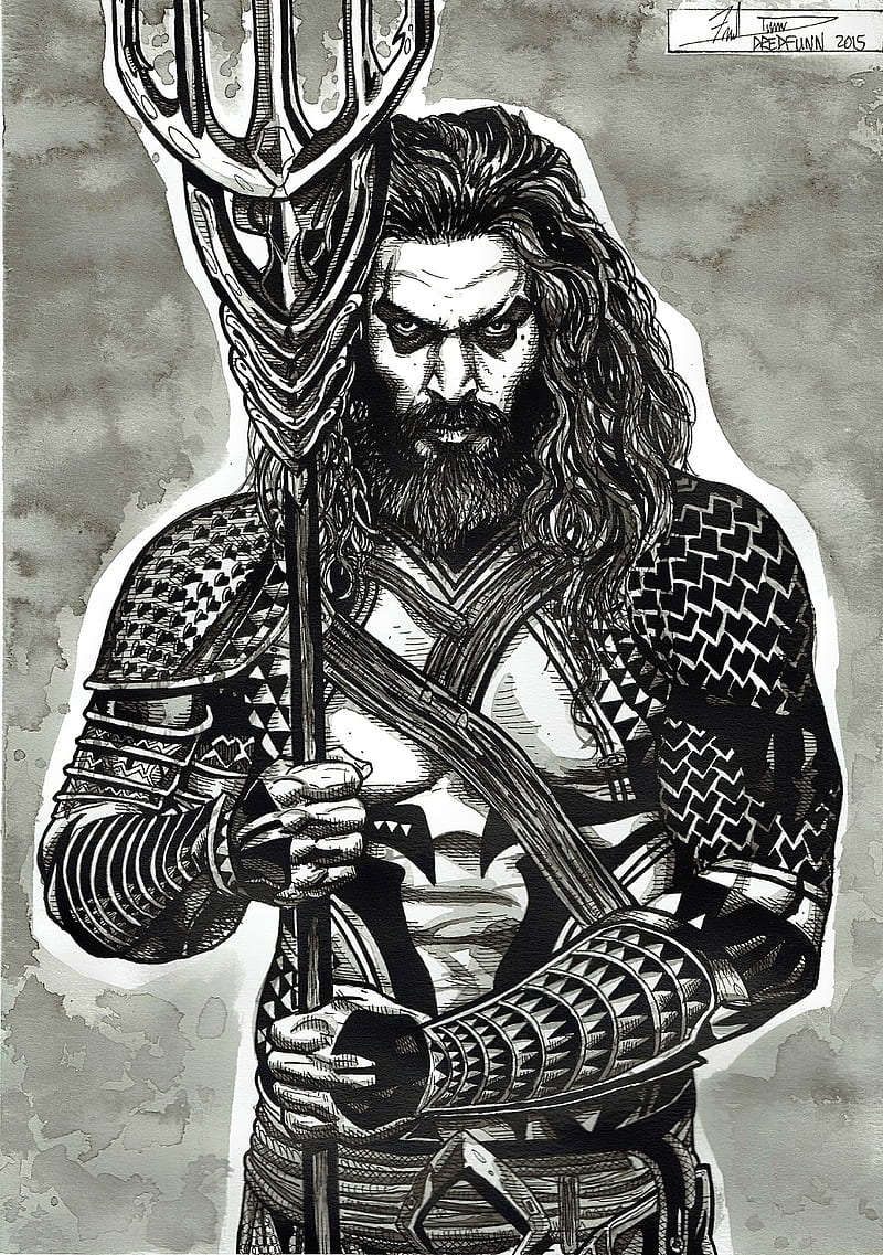 Aquaman, Jason Momoa, Zeichnung, Schwarz-Weiß, Dreizack, HD, Tablet-Hintergrund
