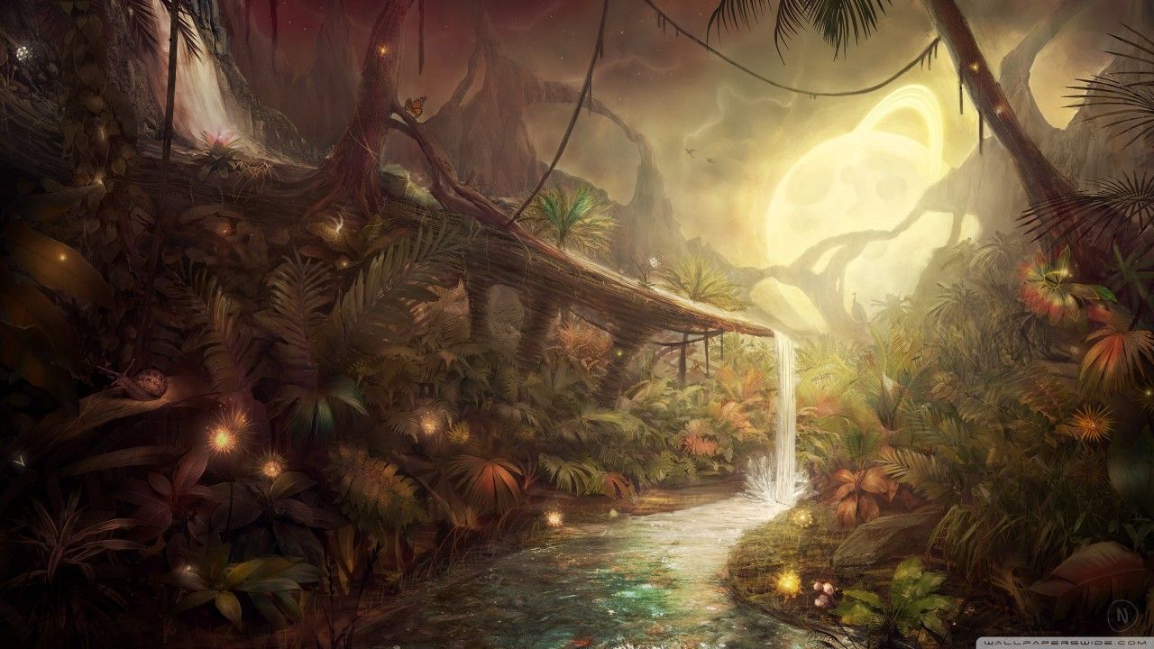 Fantasy-Wald, Bach, Leuchtendes Licht, Warme Farben, Märchenhaft, HD, Desktop-Hintergrund