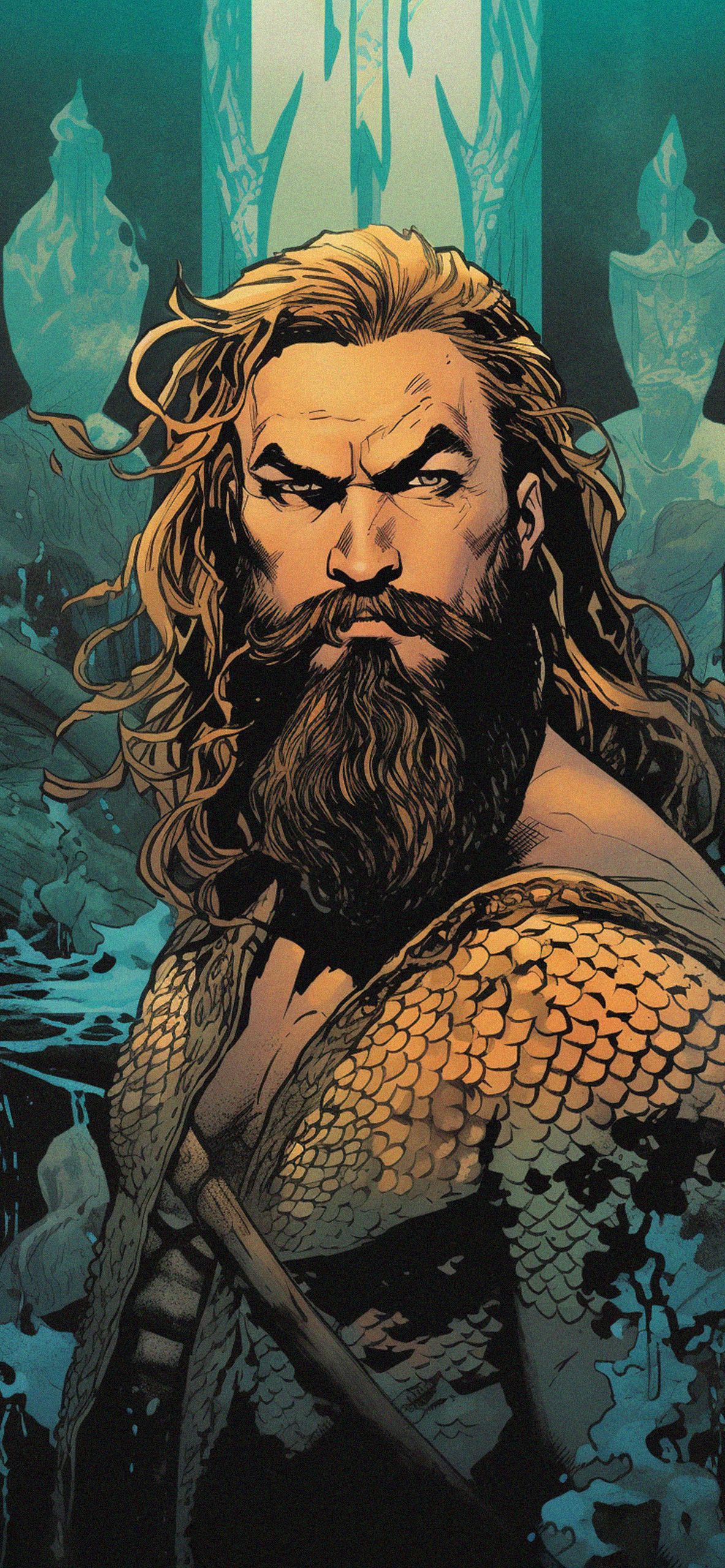 Aquaman, Jason Momoa, Illustration, Türkis, Bart, Full HD, Handy-Hintergrund im Hochformat