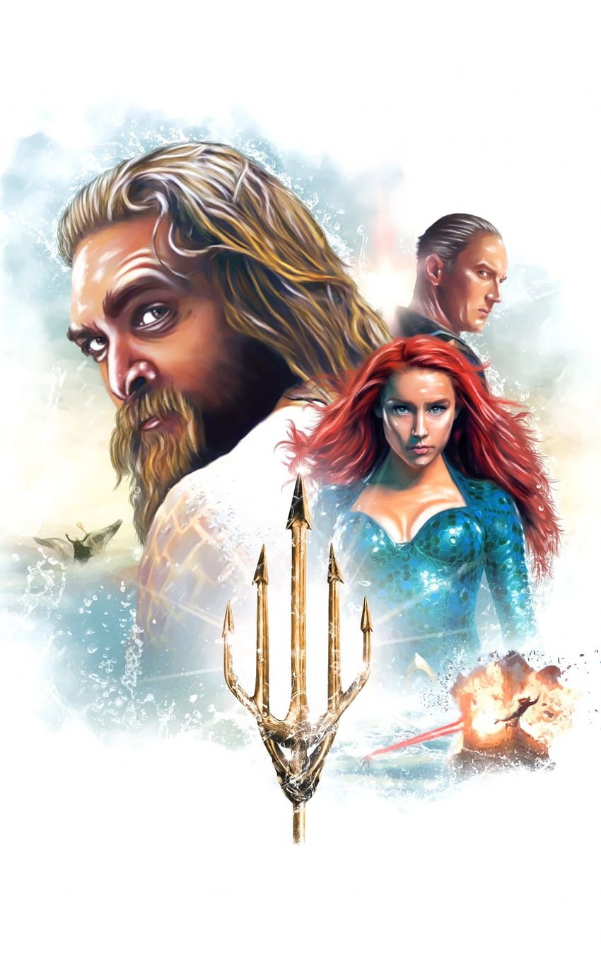 Aquaman, Jason Momoa, Mera, Aquarell, Weißer Hintergrund, Sperrbildschirm fürs iPhone