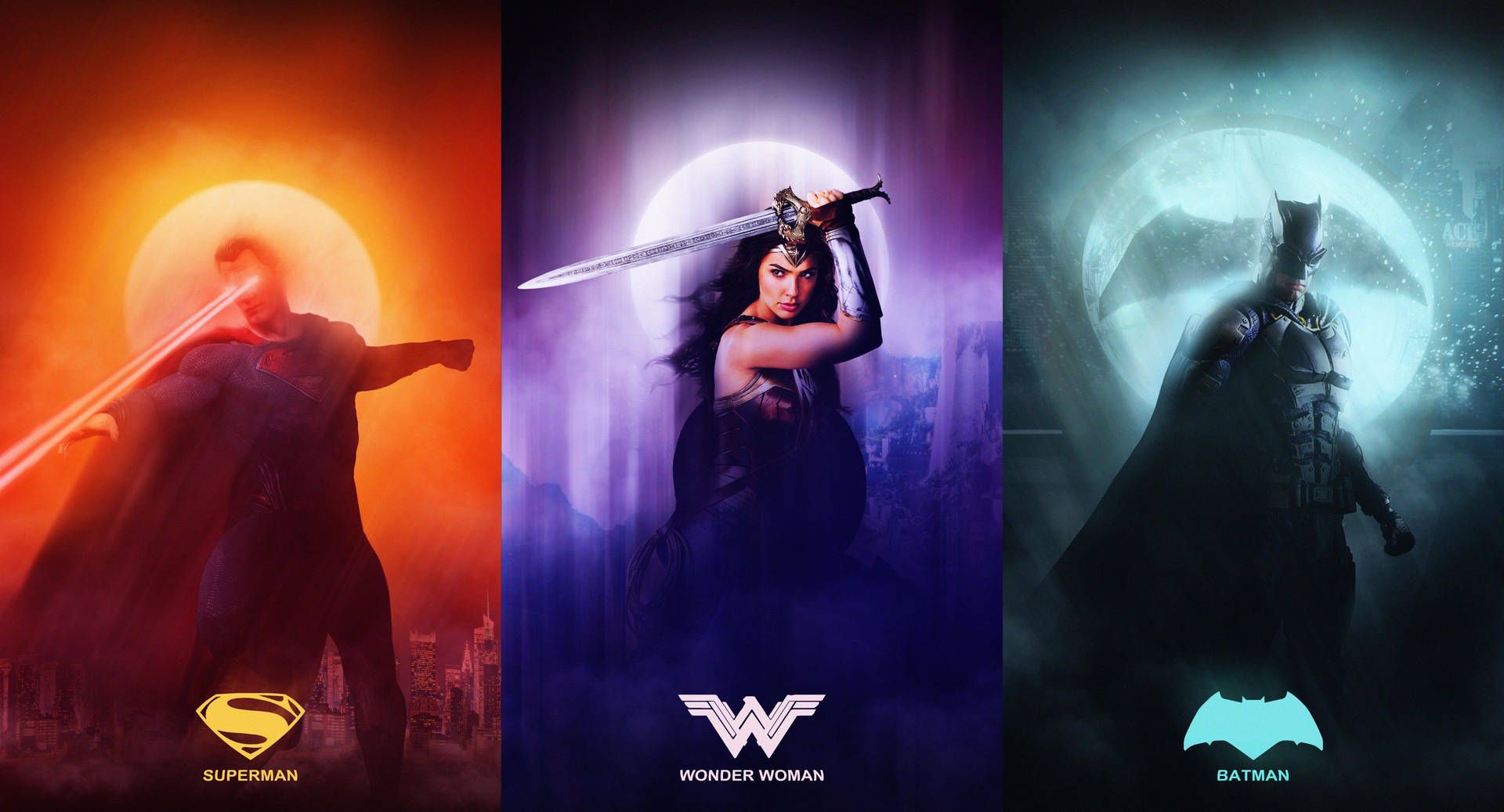 Superman, Wonder Woman, Batman, Triptychon, DC Comics, Full HD, Desktop-Hintergrund für Windows
