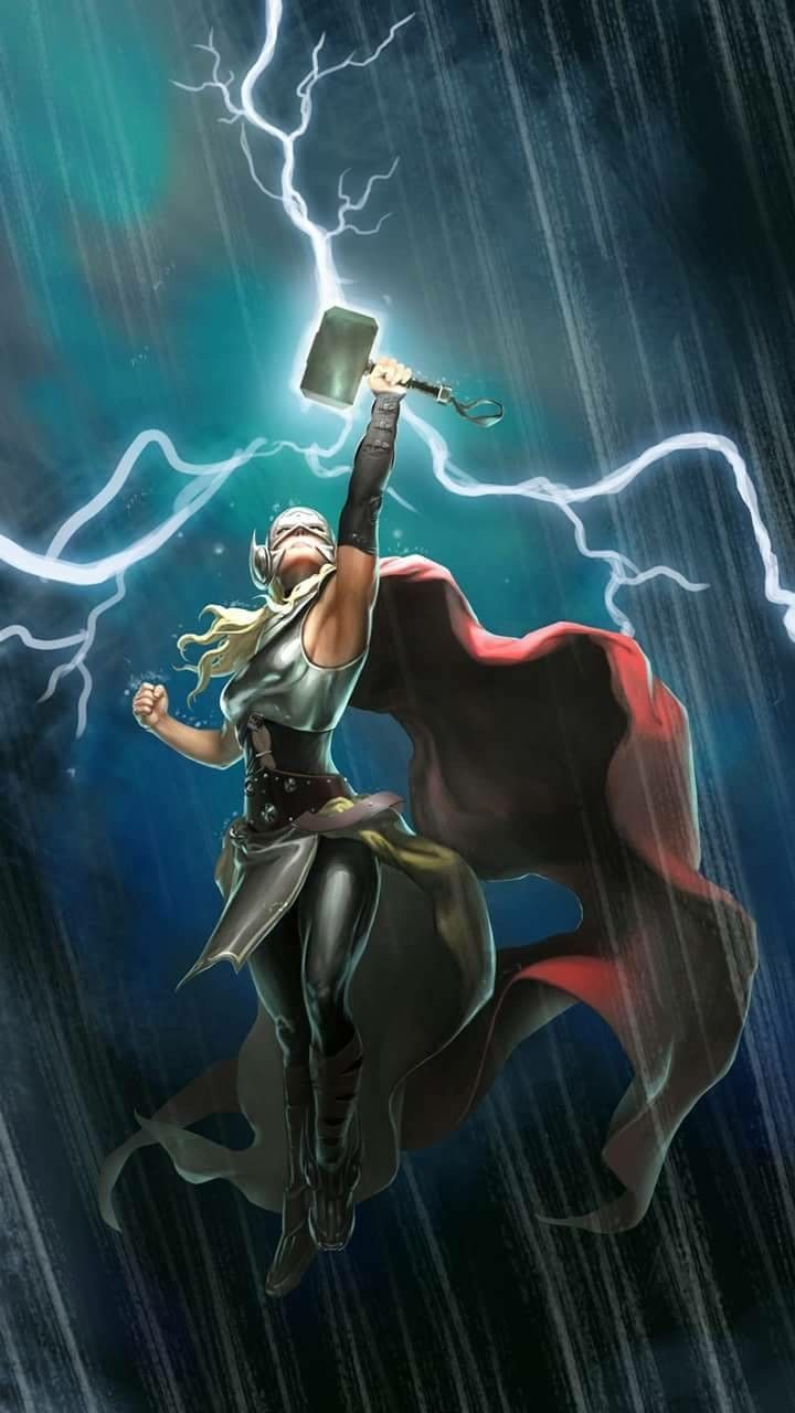 Thor, Mjölnir, Regen, Blitze, Fan-Art, HD, Hintergrundbild fürs Handy