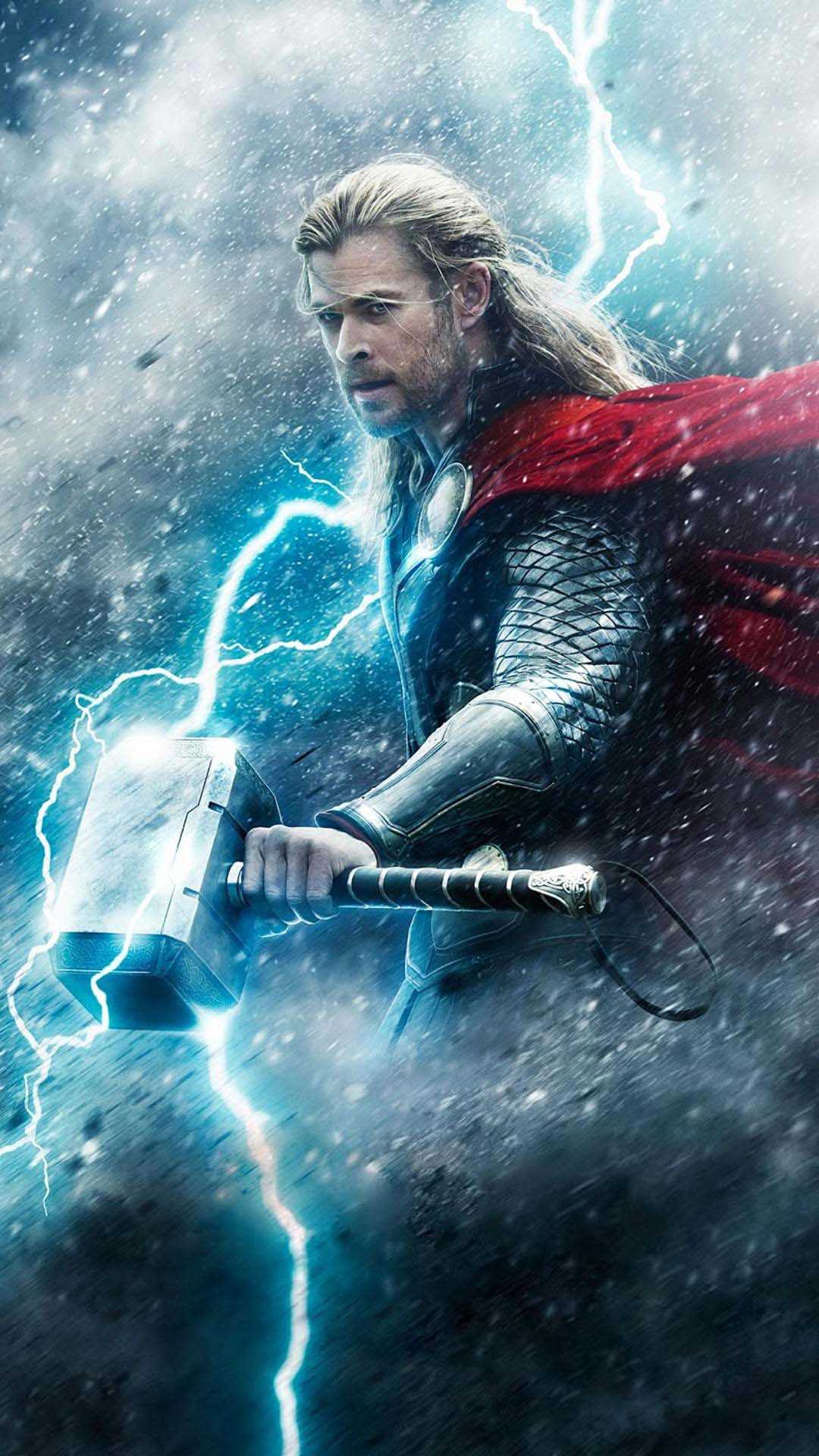 Thor, Mjölnir, Blitze, Roter Umhang, Marvel, Full HD, Hintergrundbild fürs Handy