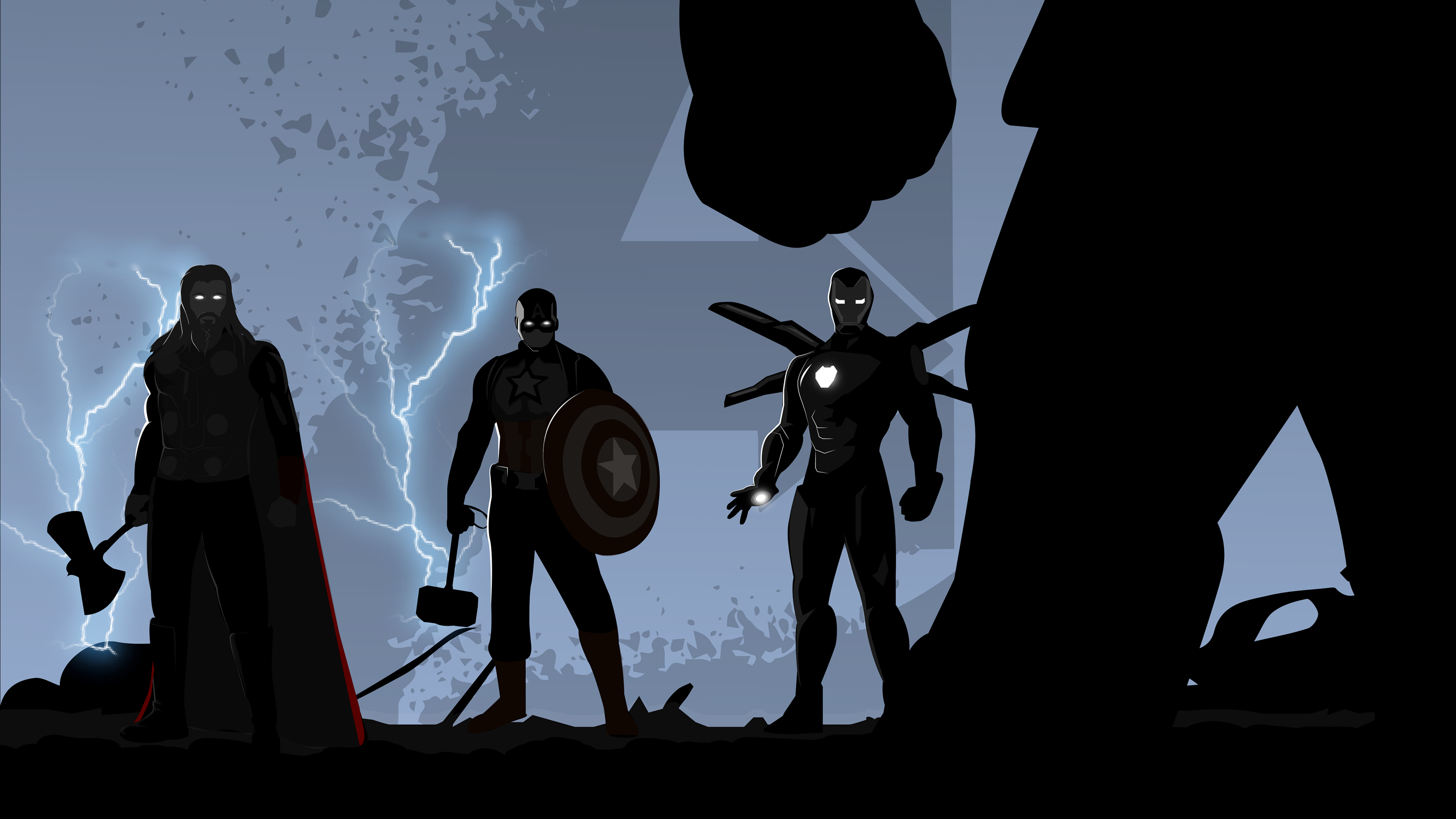 Avengers, Thor, Captain America, Iron Man, Silhouetten, 6K, Hintergrundbild für den PC