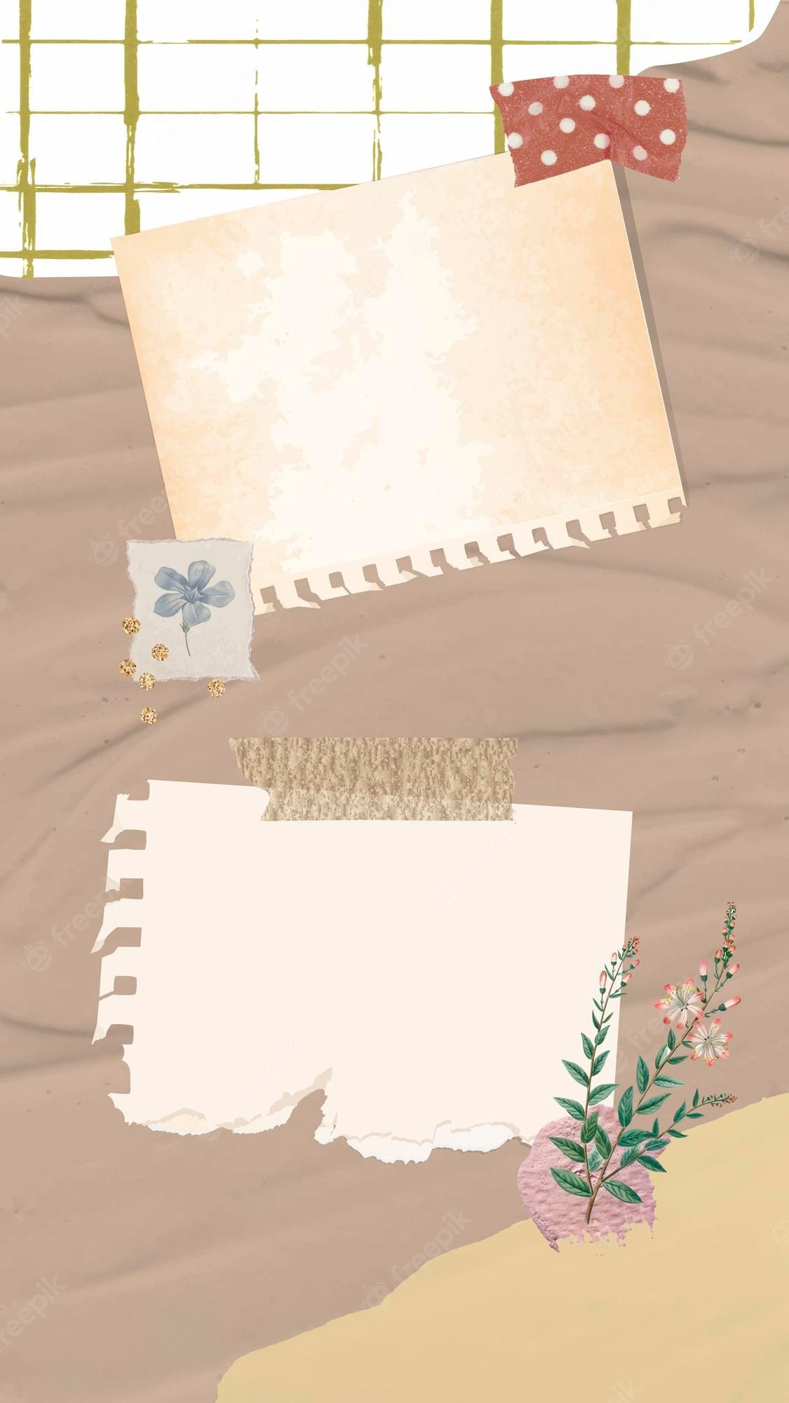 Notizpapier, Collage, Washi-Tape, Blumen, Beige Töne, Scrapbook, Full HD, Handy-Hintergrundbild